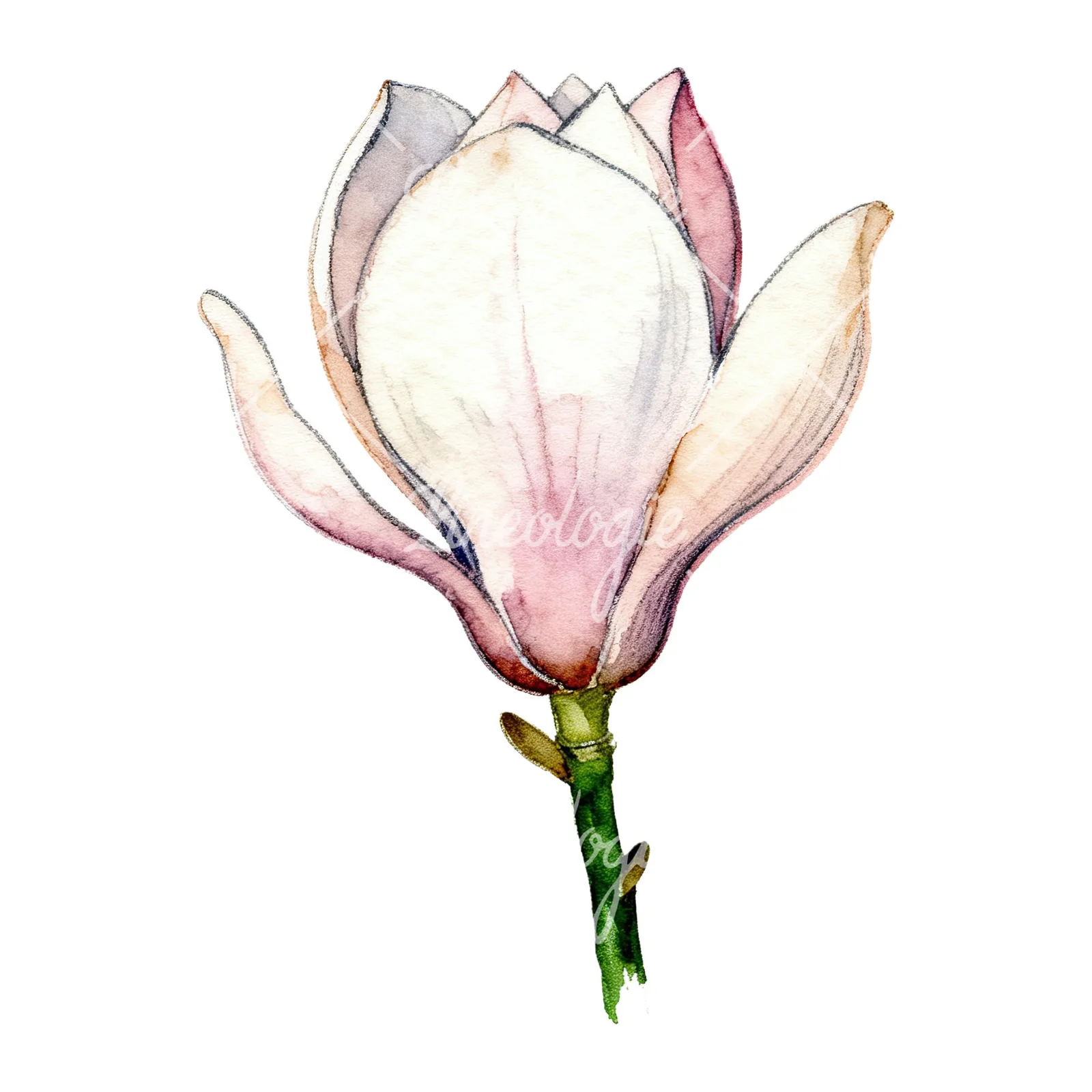 Watercolor white magnolia with pink tinges clipart 9 of 9 on a white background (JPG)