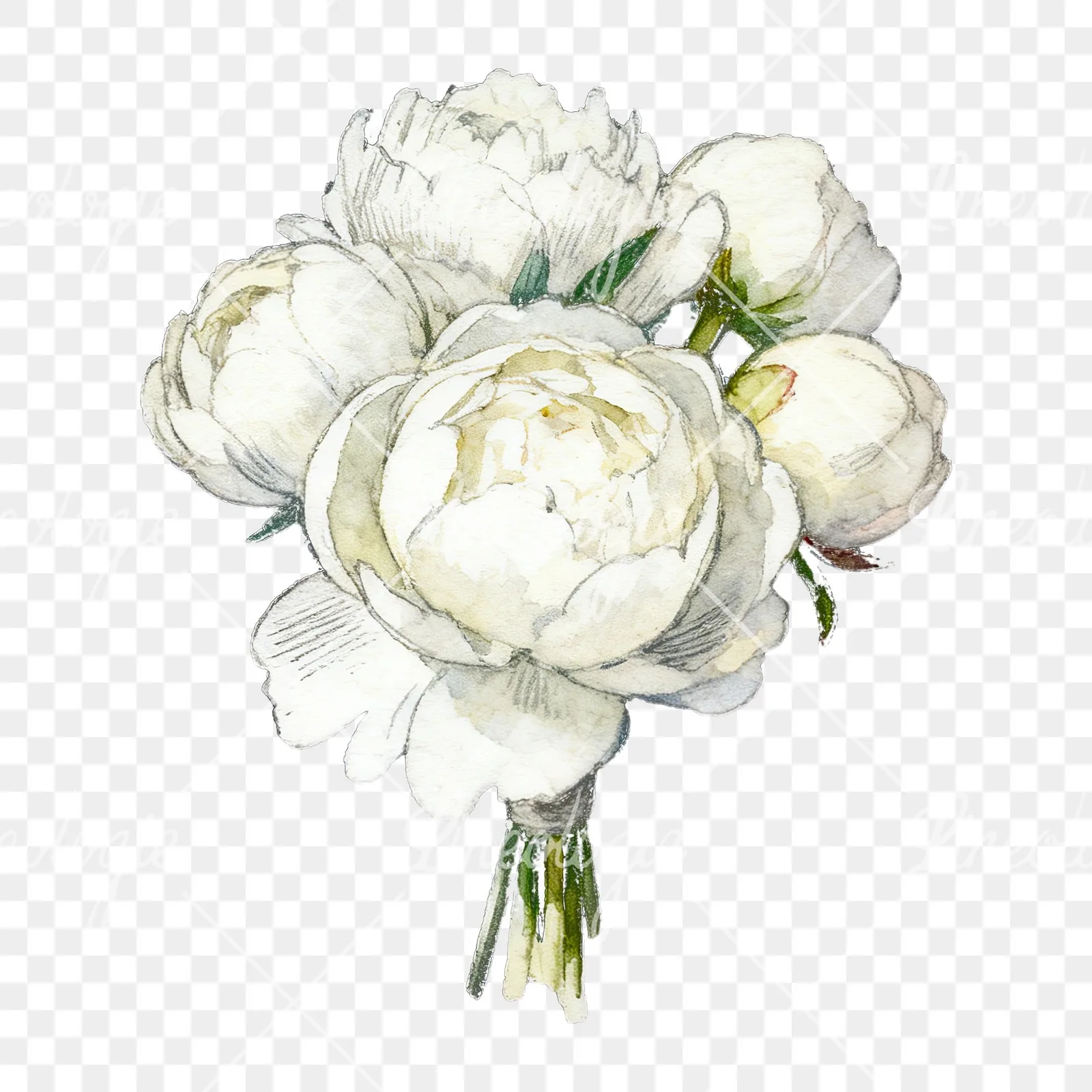 Watercolor white peony bouquet with yellow centers clipart 1 of 9 on a transparent background (PNG)