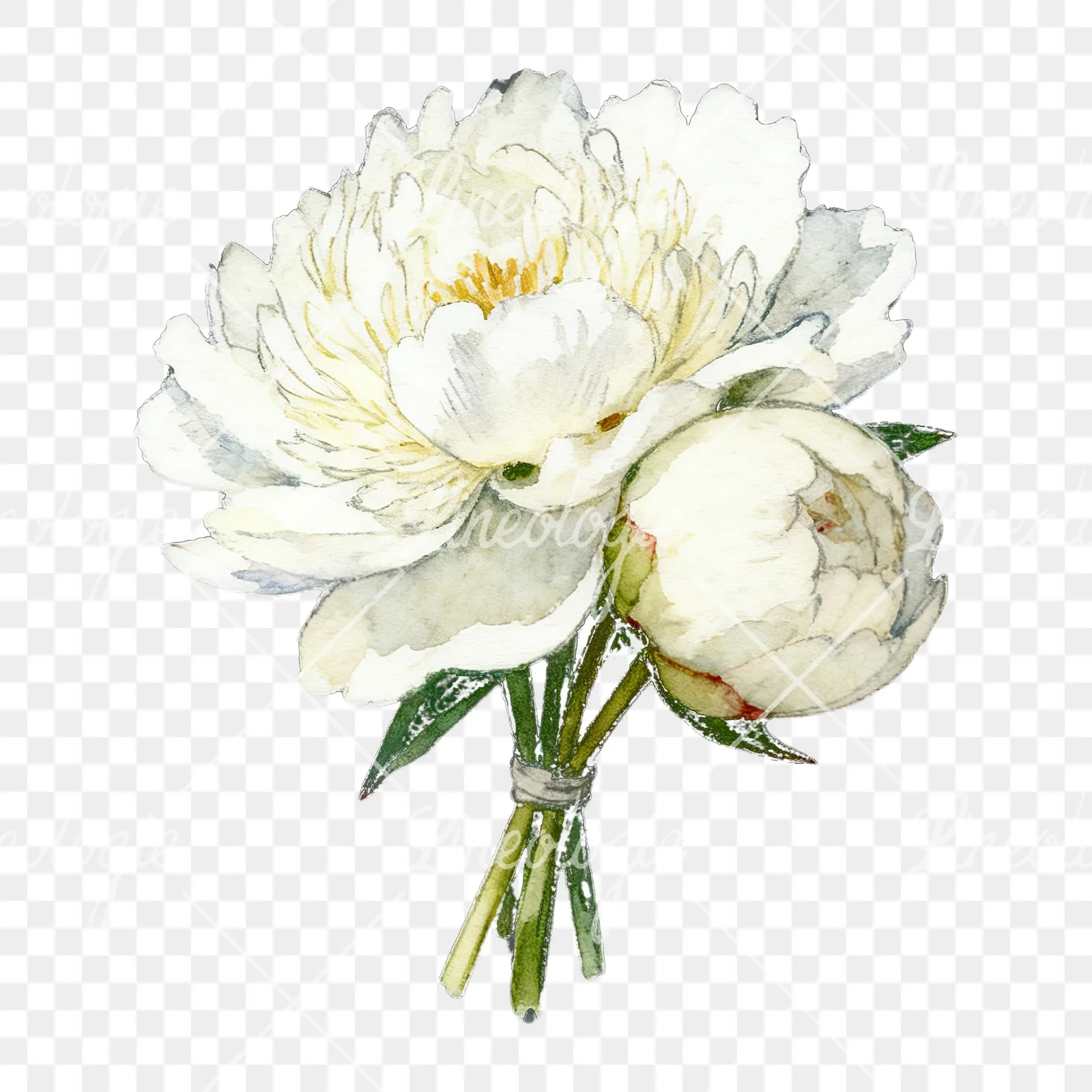 Watercolor white peony bouquet with yellow centers clipart 2 of 9 on a transparent background (PNG)