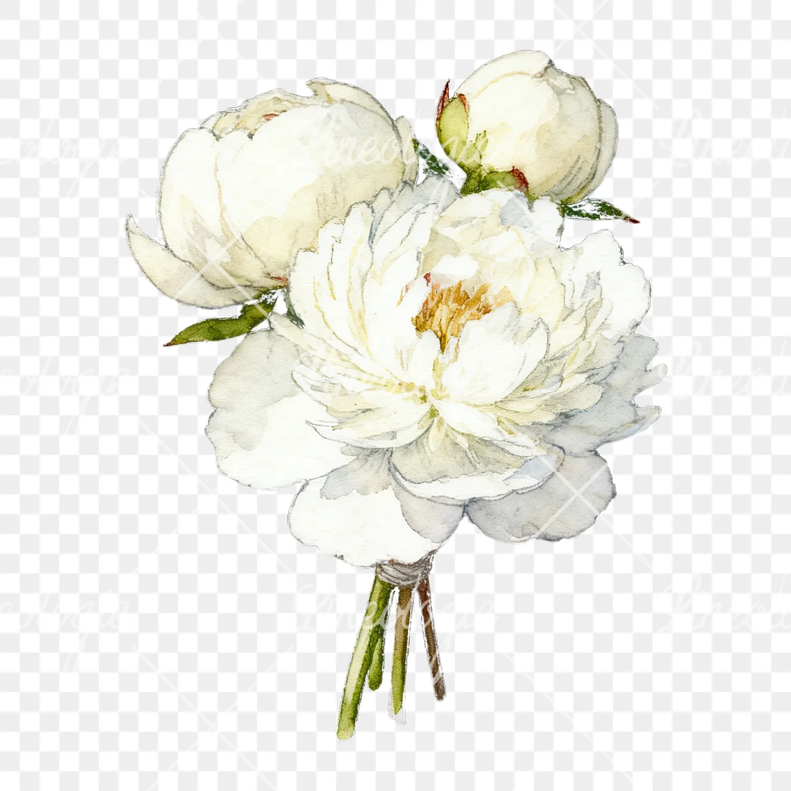 Watercolor white peony bouquet with yellow centers clipart 3 of 9 on a transparent background (PNG)