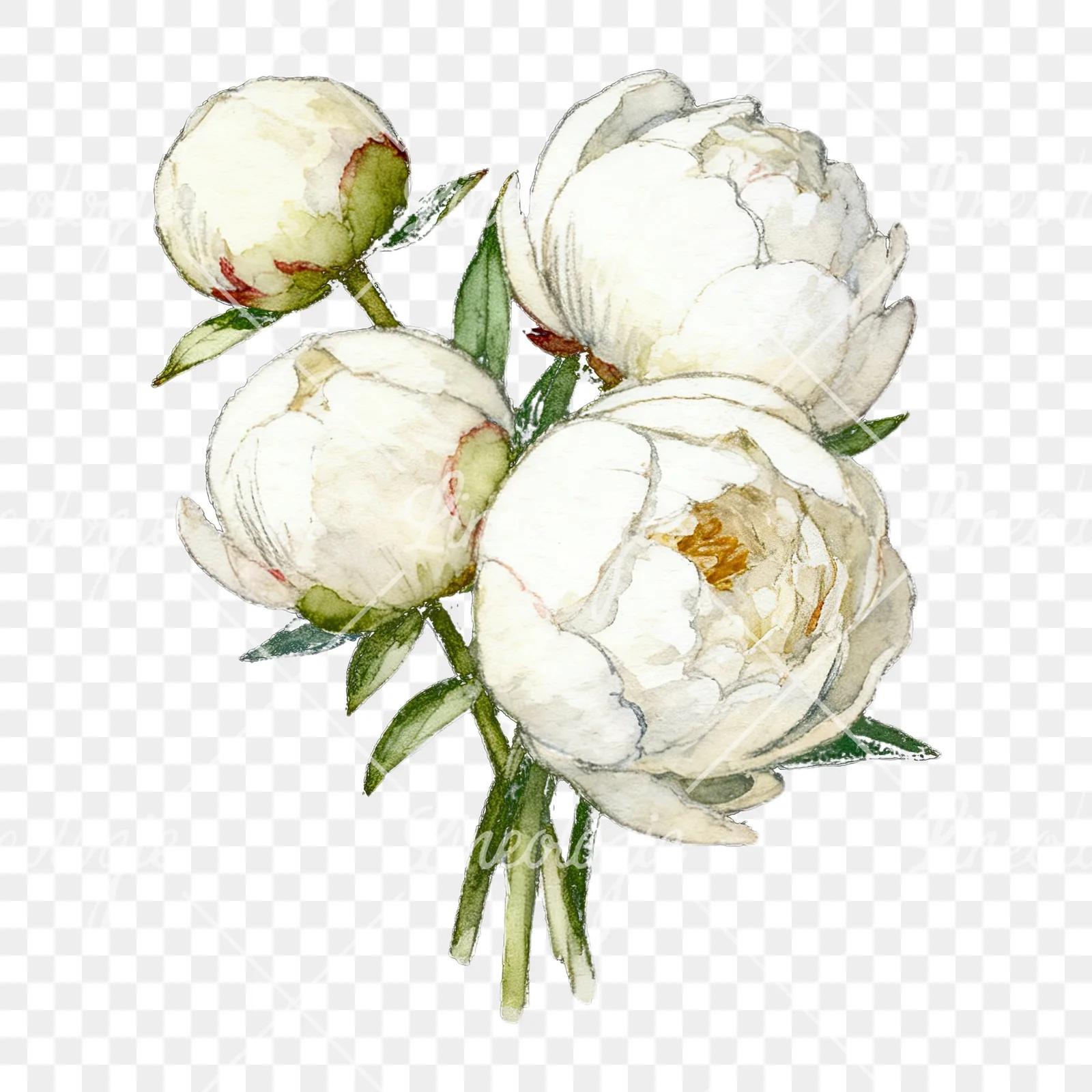 Watercolor white peony bouquet with yellow centers clipart 4 of 9 on a transparent background (PNG)