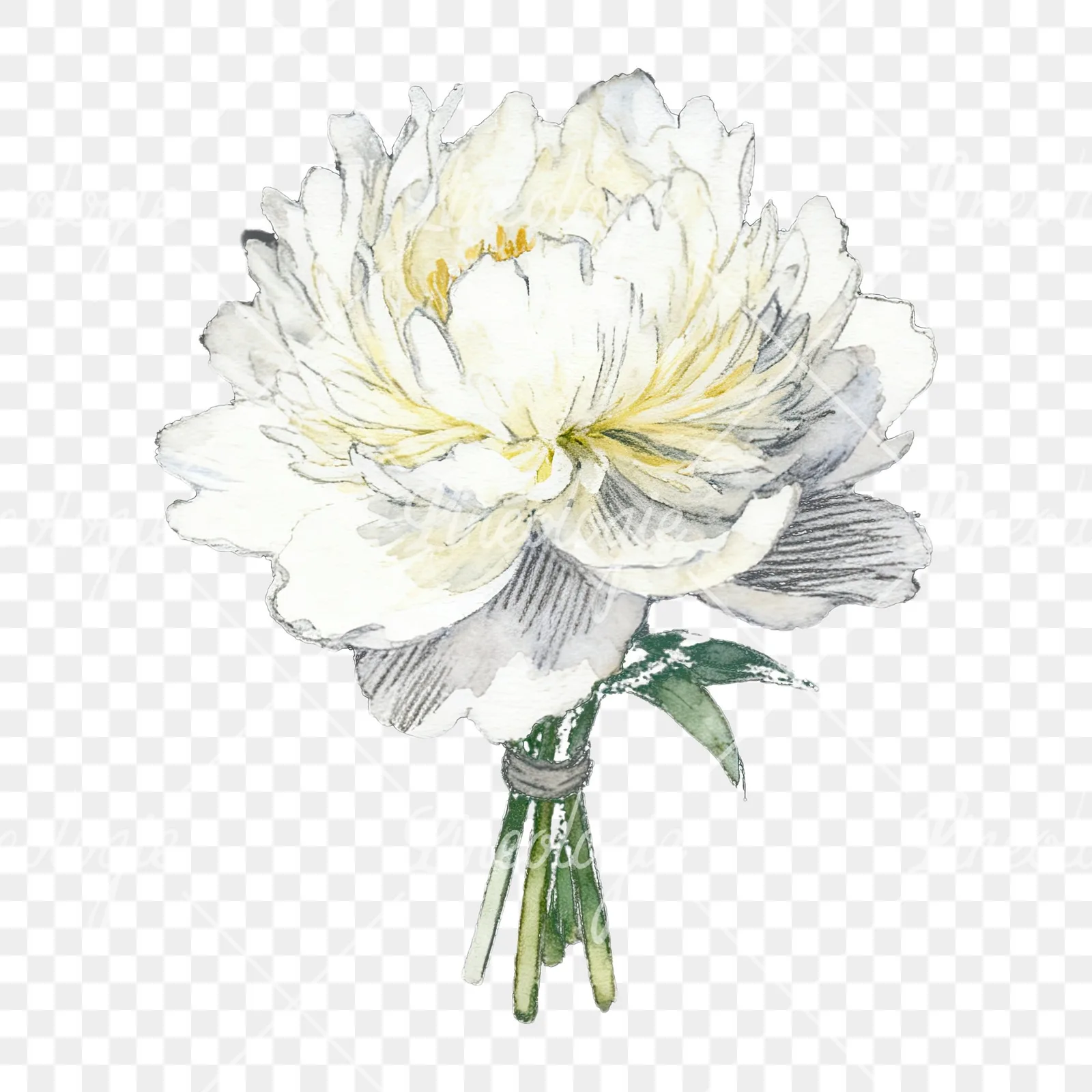 Watercolor white peony bouquet with yellow centers clipart 5 of 9 on a transparent background (PNG)
