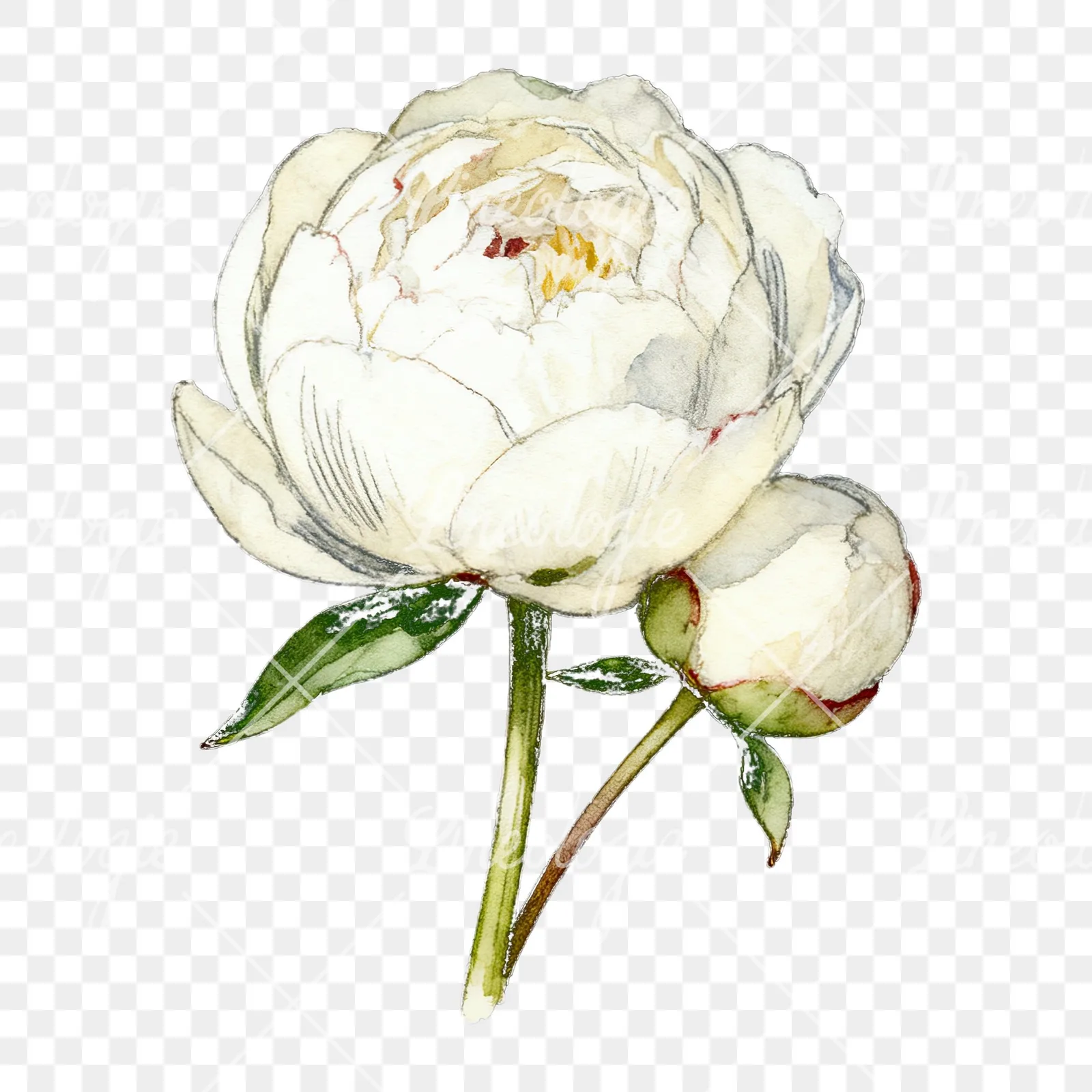Watercolor white peony bouquet with yellow centers clipart 6 of 9 on a transparent background (PNG)