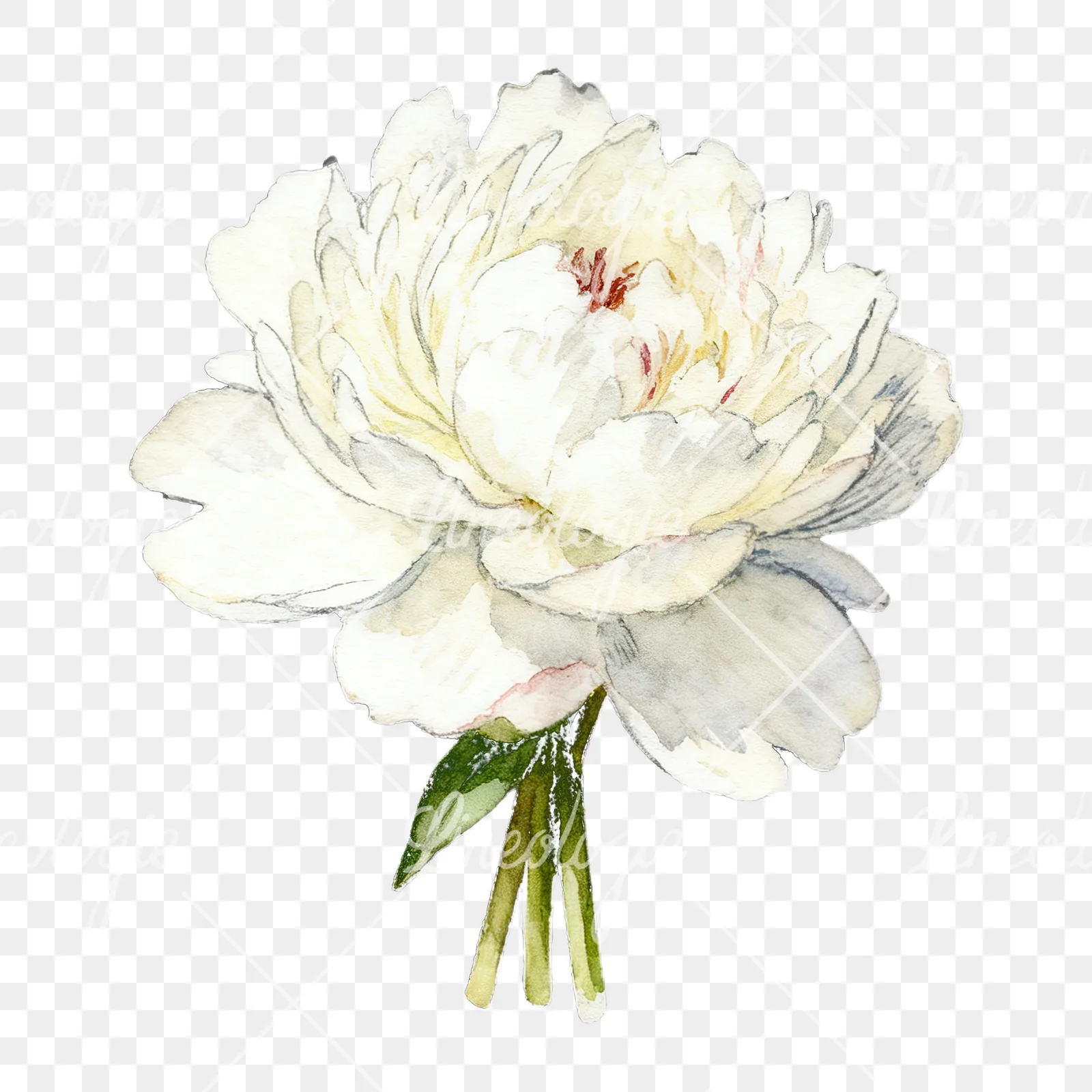 Watercolor white peony bouquet with yellow centers clipart 7 of 9 on a transparent background (PNG)