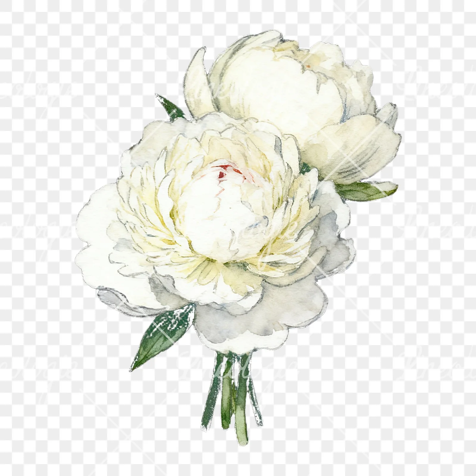 Watercolor white peony bouquet with yellow centers clipart 8 of 9 on a transparent background (PNG)
