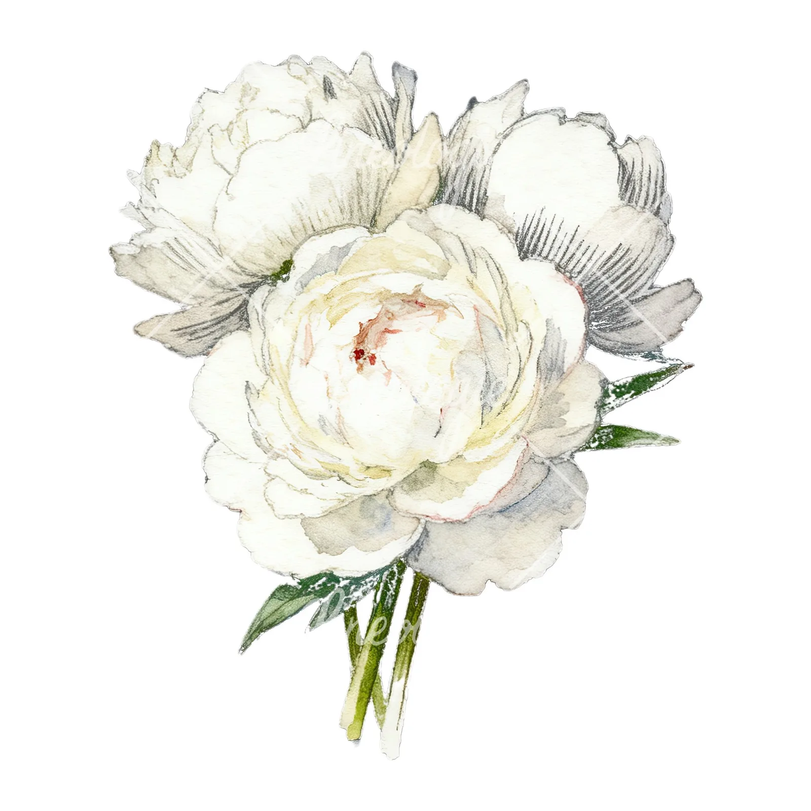 Watercolor white peony bouquet with yellow centers clipart 9 of 9 on a white background (JPG)