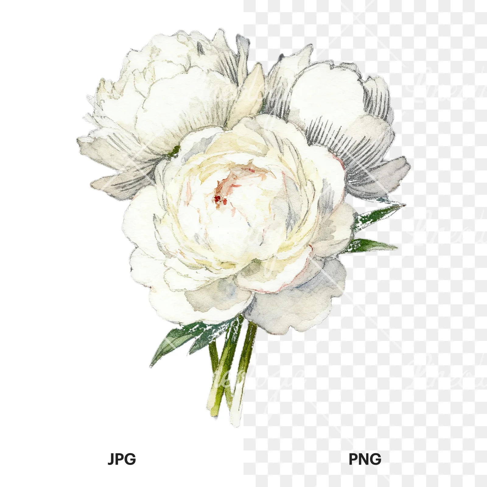 Watercolor white peony bouquet with yellow centers clipart 9 of 9, as a JPG on white and a transparent PNG