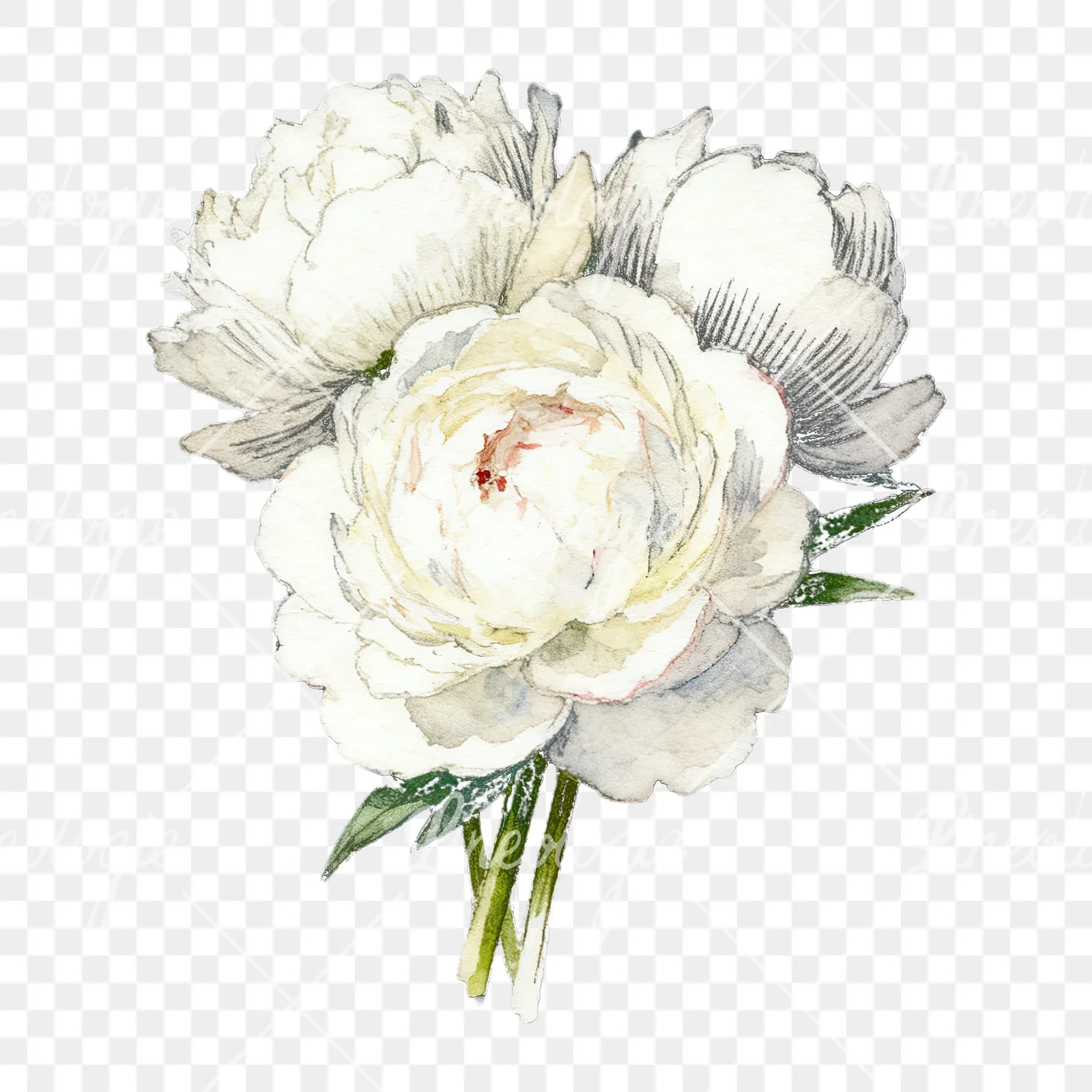 Watercolor white peony bouquet with yellow centers clipart 9 of 9 on a transparent background (PNG)