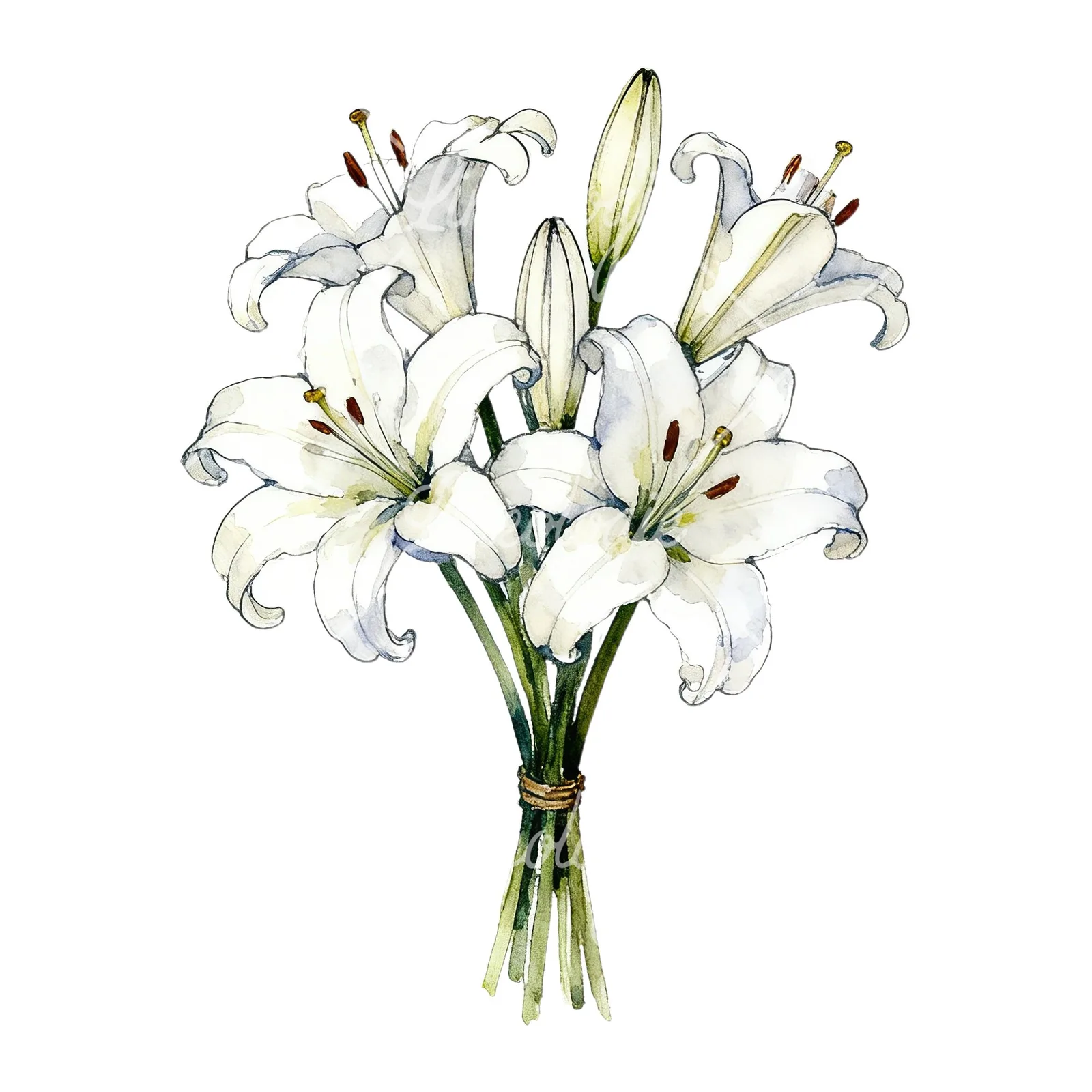 Watercolor white purple lily bouquet clipart 1 of 9 on a white background (JPG)