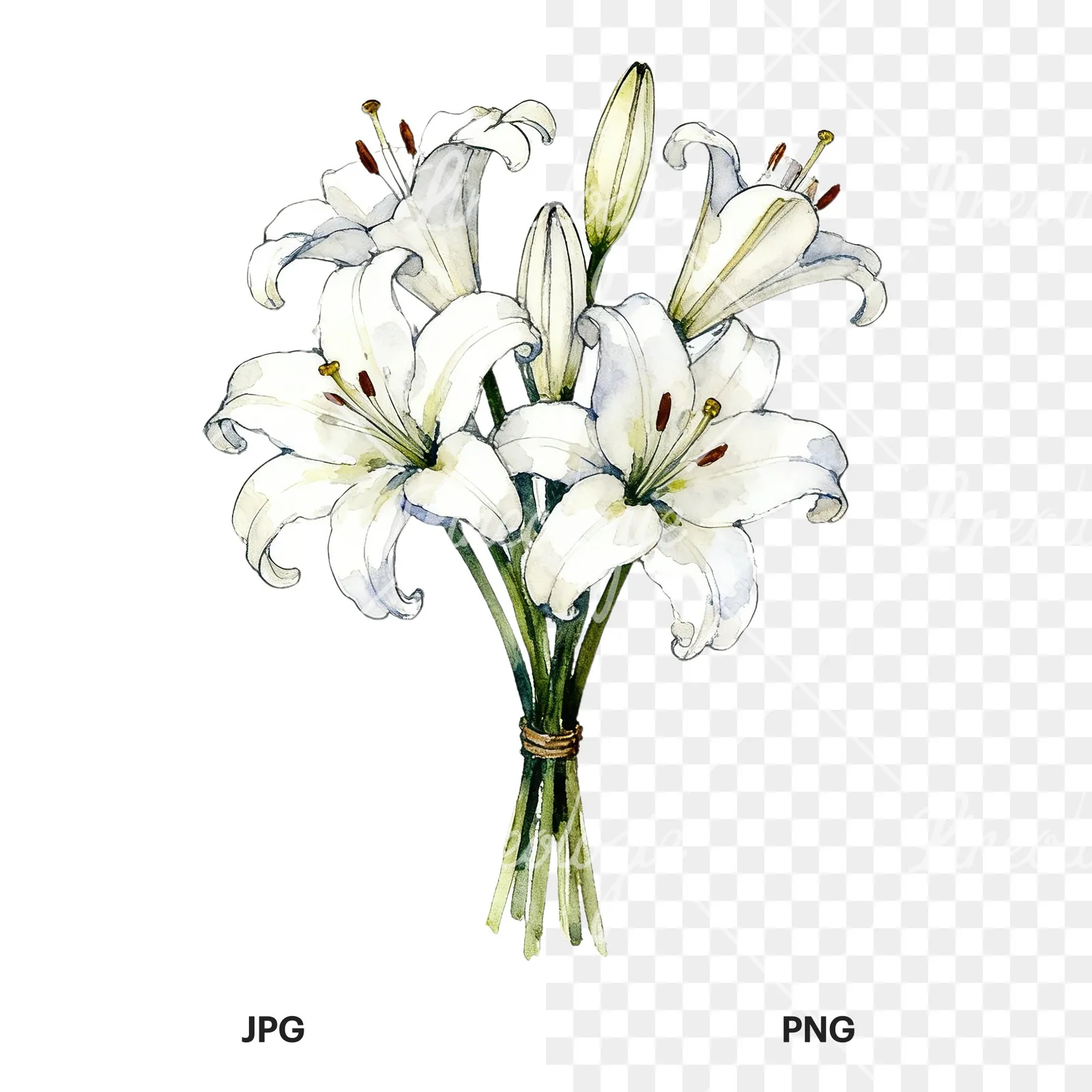 Watercolor white purple lily bouquet clipart 1 of 9, as a JPG on white and a transparent PNG