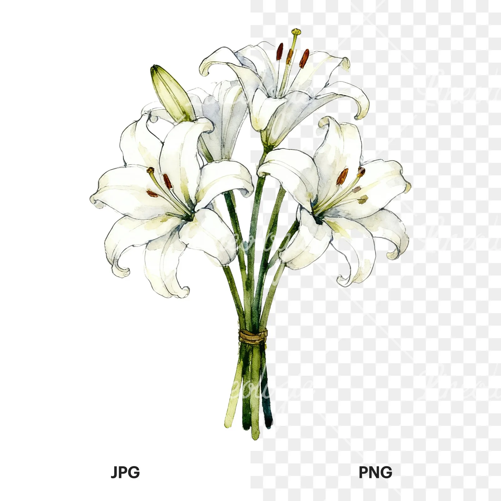 Watercolor white purple lily bouquet clipart 2 of 9, as a JPG on white and a transparent PNG