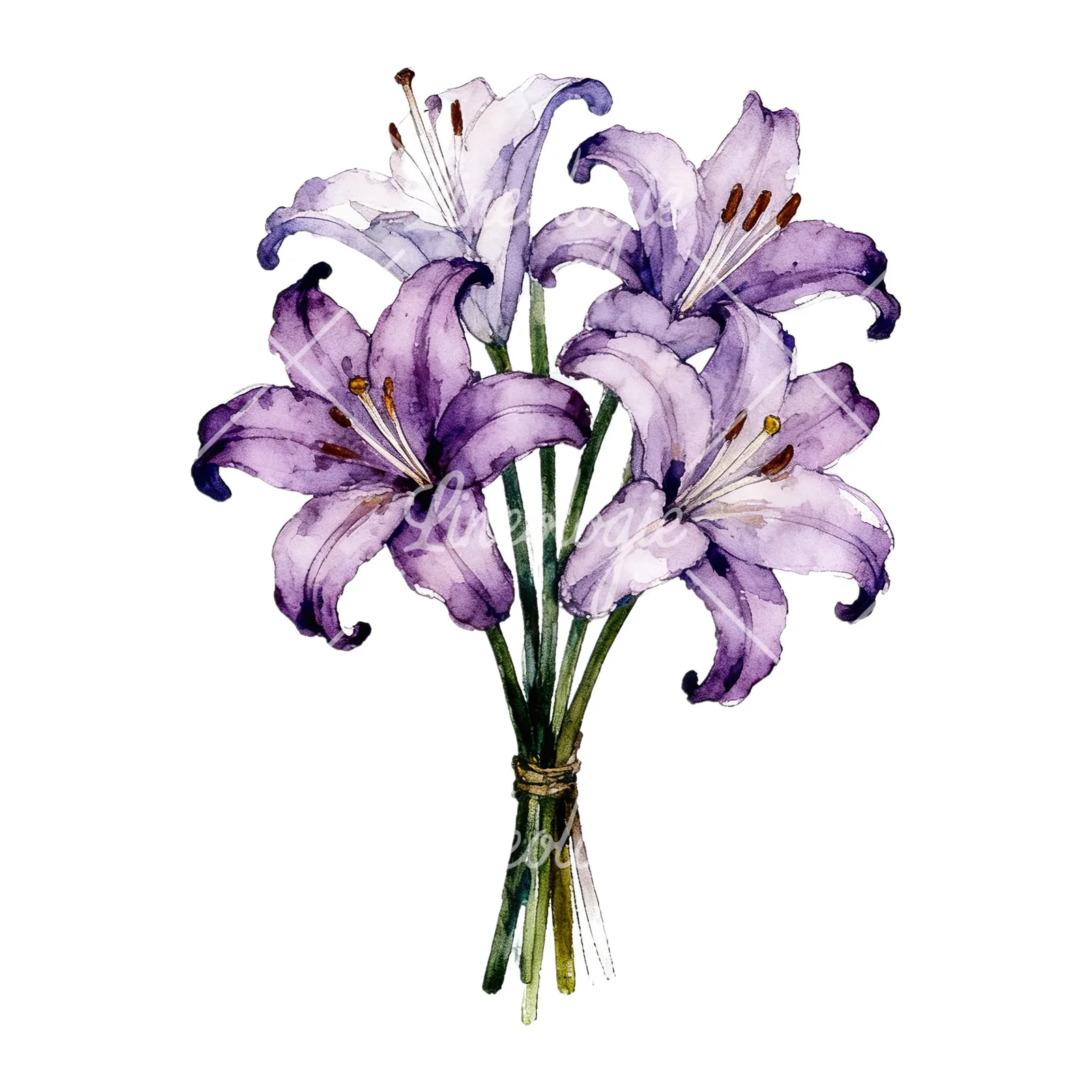 Watercolor white purple lily bouquet clipart 3 of 9 on a white background (JPG)