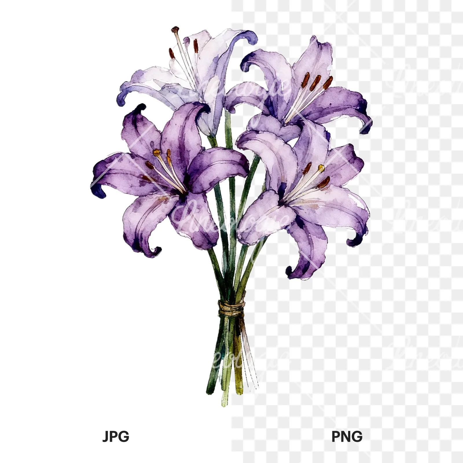 Watercolor white purple lily bouquet clipart 3 of 9, as a JPG on white and a transparent PNG