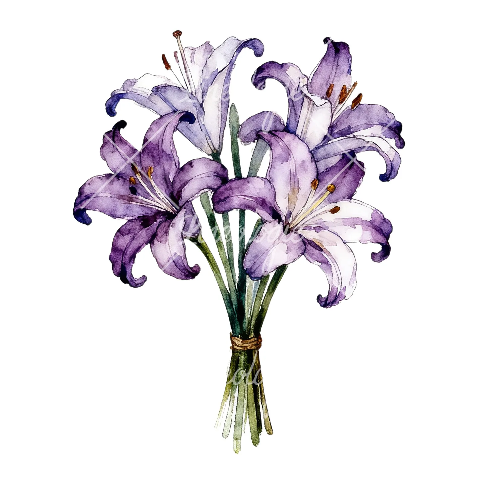 Watercolor white purple lily bouquet clipart 4 of 9 on a white background (JPG)