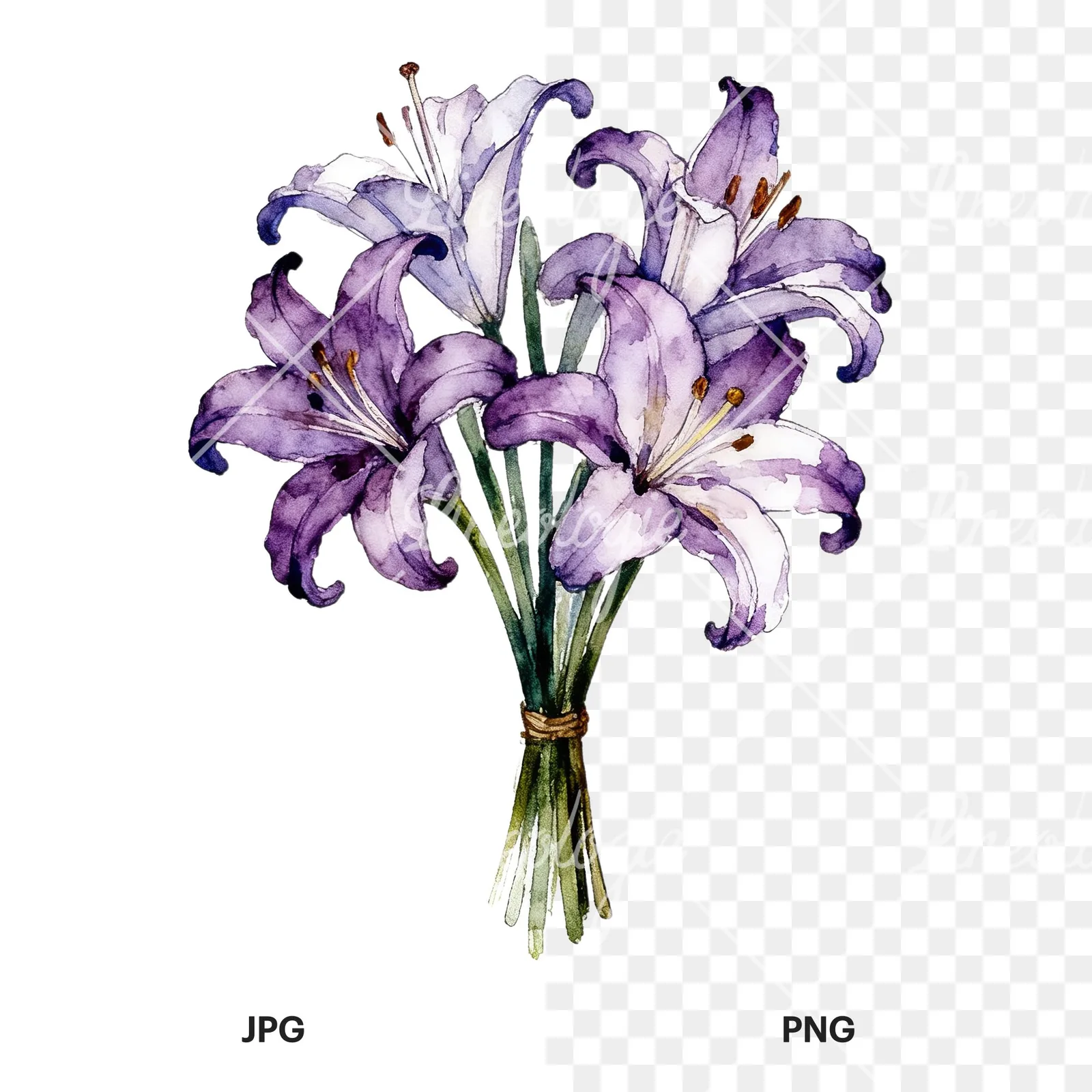 Watercolor white purple lily bouquet clipart 4 of 9, as a JPG on white and a transparent PNG