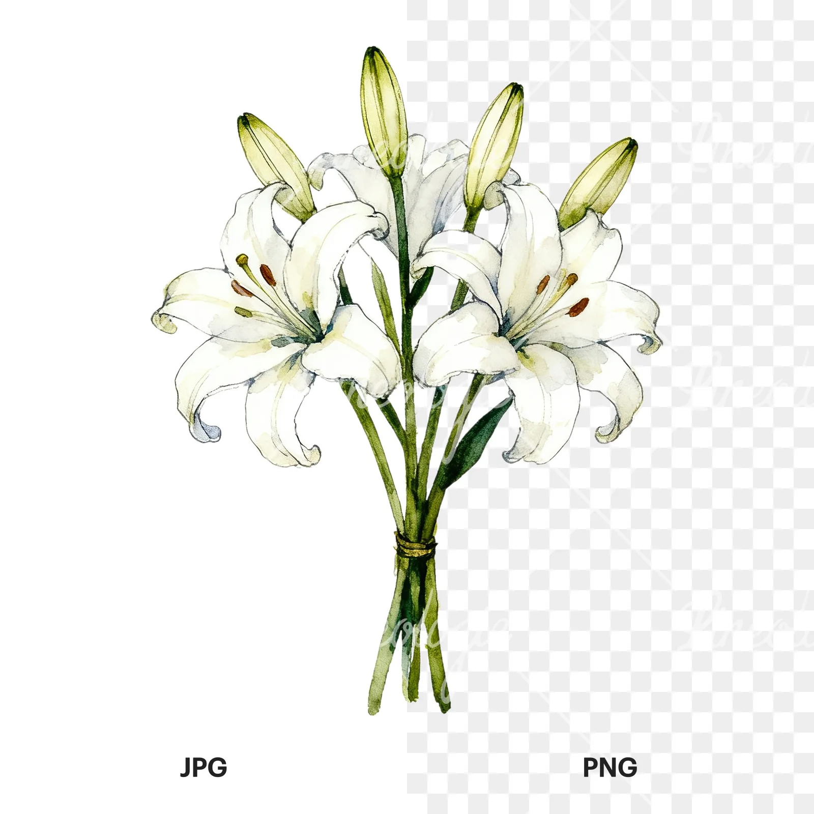 Watercolor white purple lily bouquet clipart 5 of 9, as a JPG on white and a transparent PNG