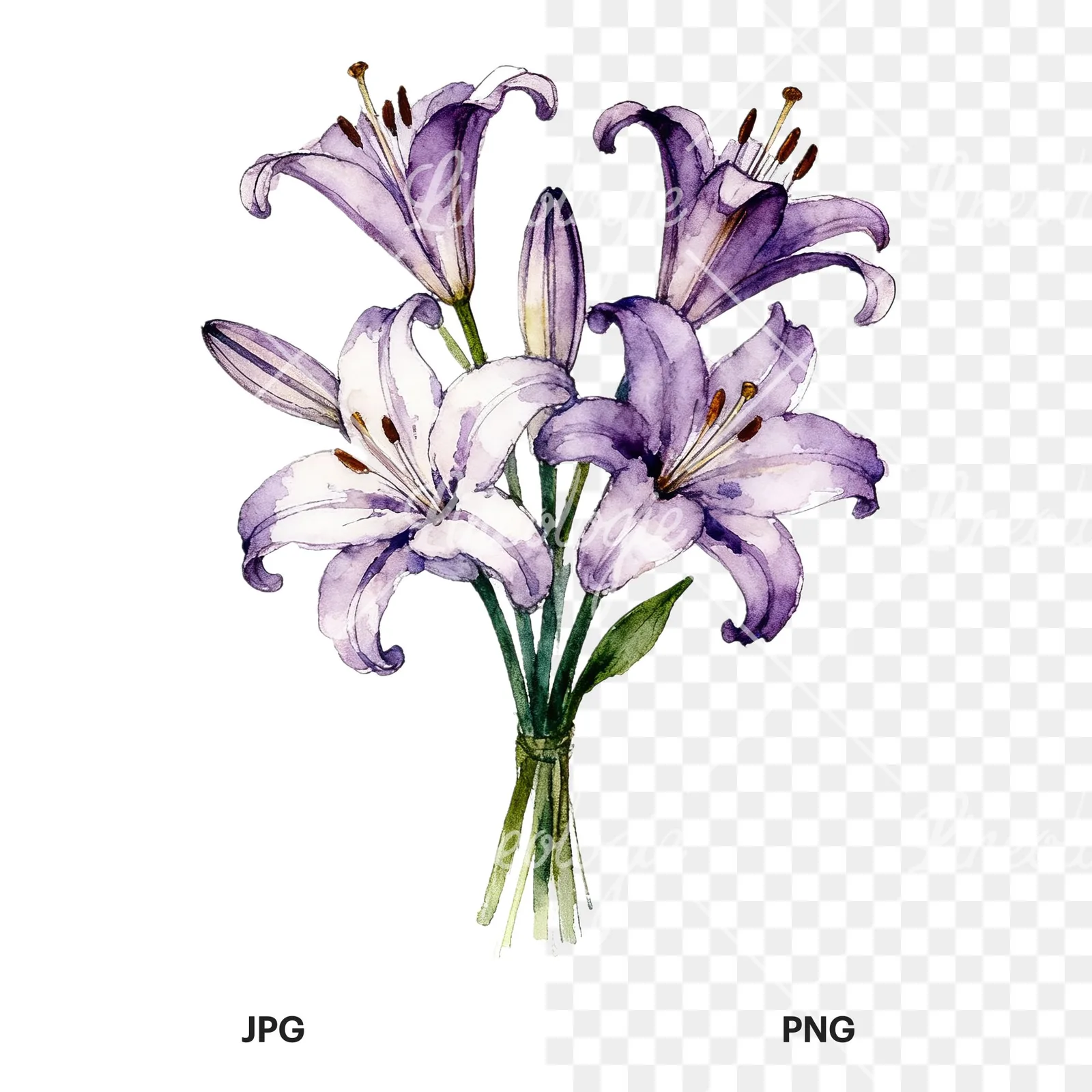 Watercolor white purple lily bouquet clipart 6 of 9, as a JPG on white and a transparent PNG