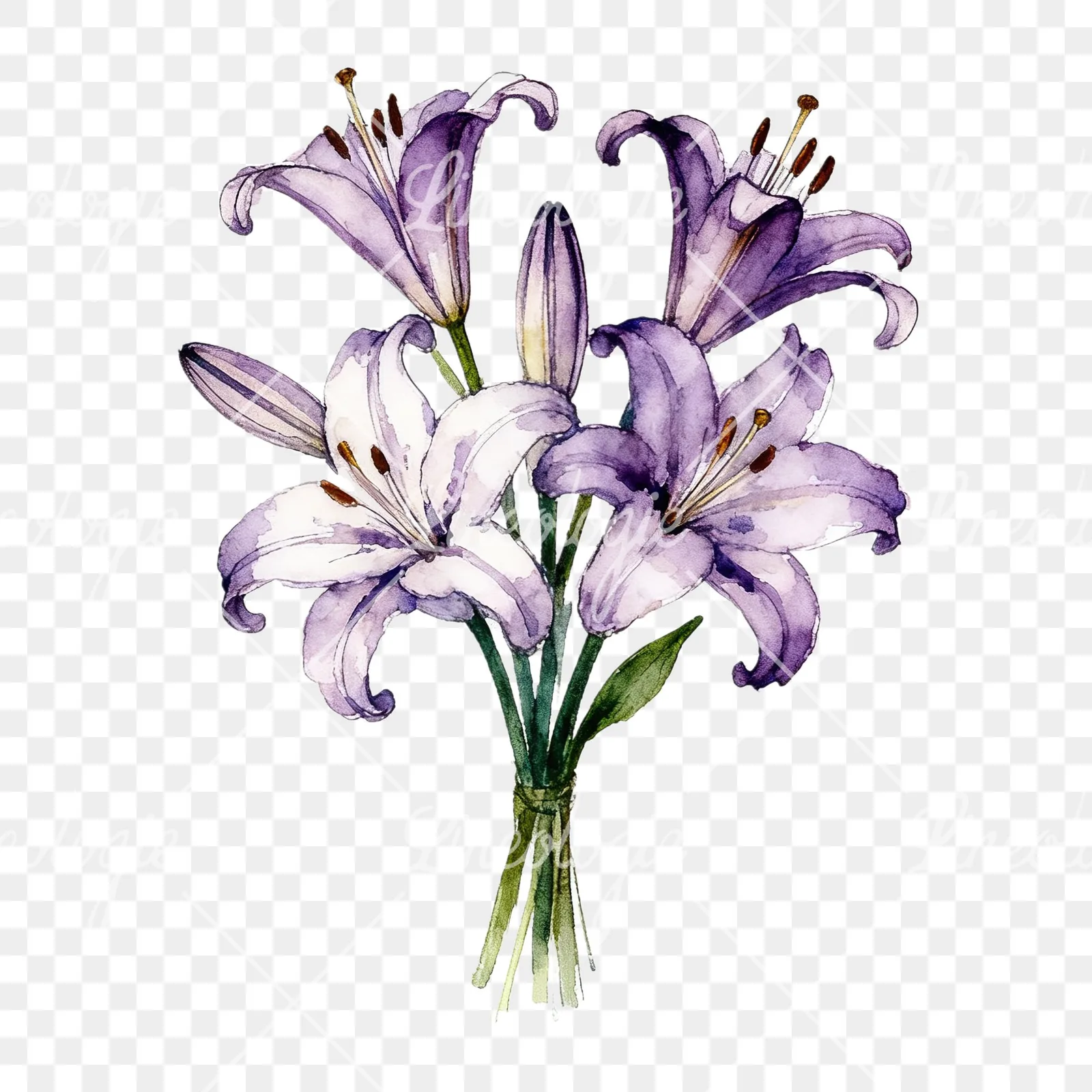 Watercolor white purple lily bouquet clipart 6 of 9 on a transparent background (PNG)