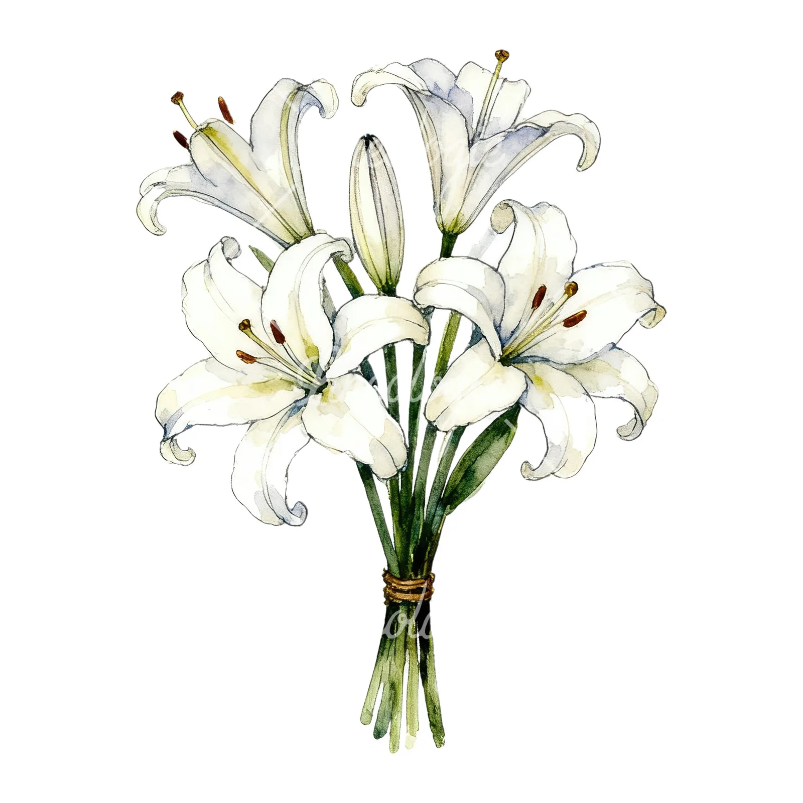 Watercolor white purple lily bouquet clipart 7 of 9 on a white background (JPG)