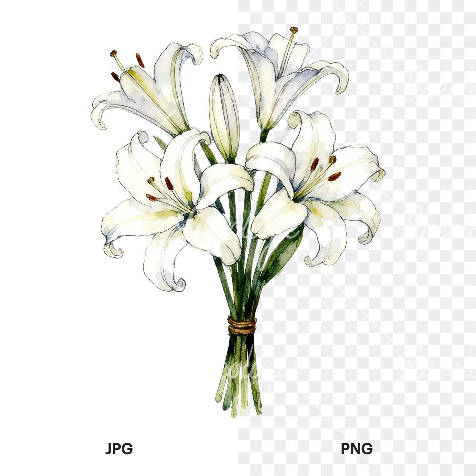Watercolor white purple lily bouquet clipart 7 of 9, as a JPG on white and a transparent PNG