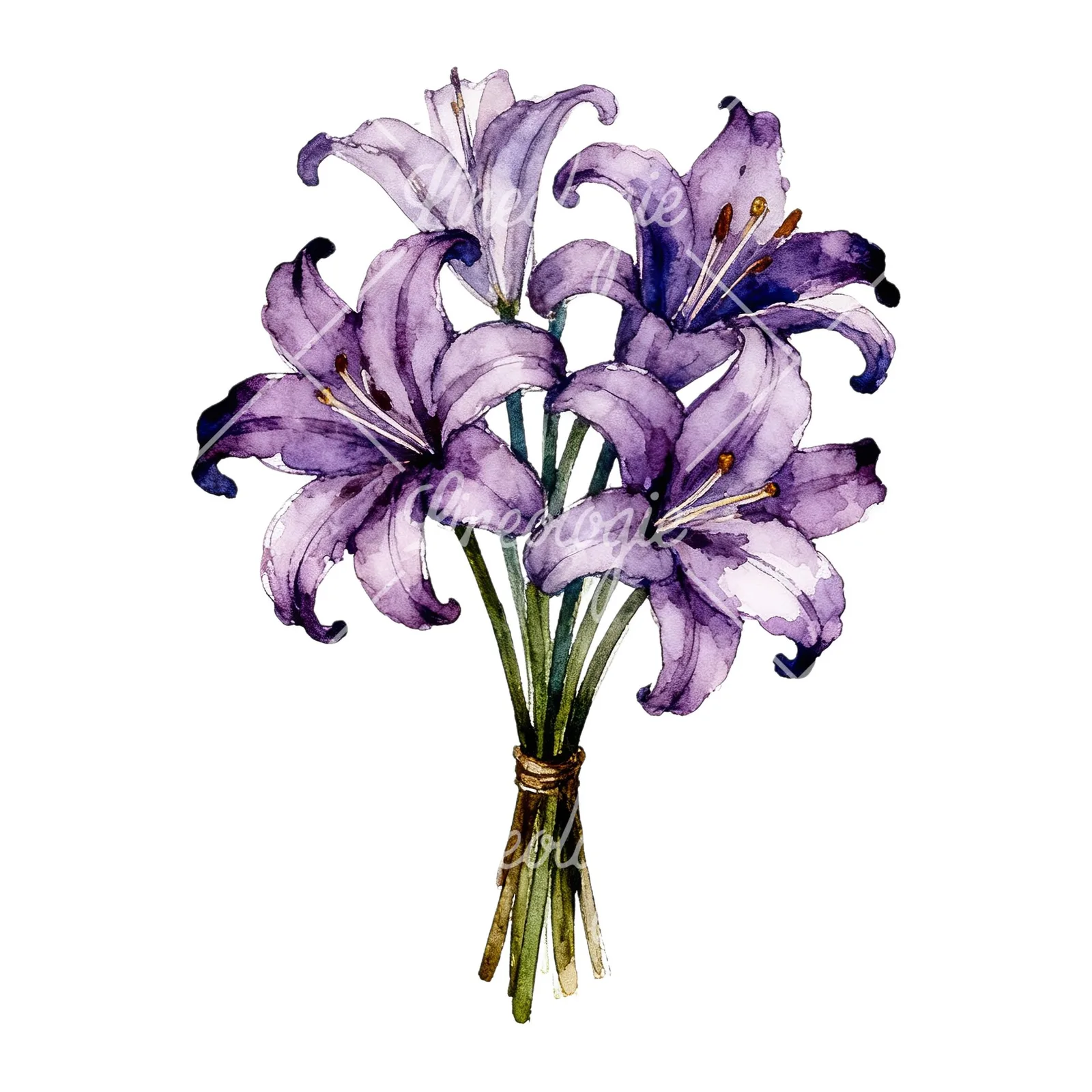 Watercolor white purple lily bouquet clipart 8 of 9 on a white background (JPG)