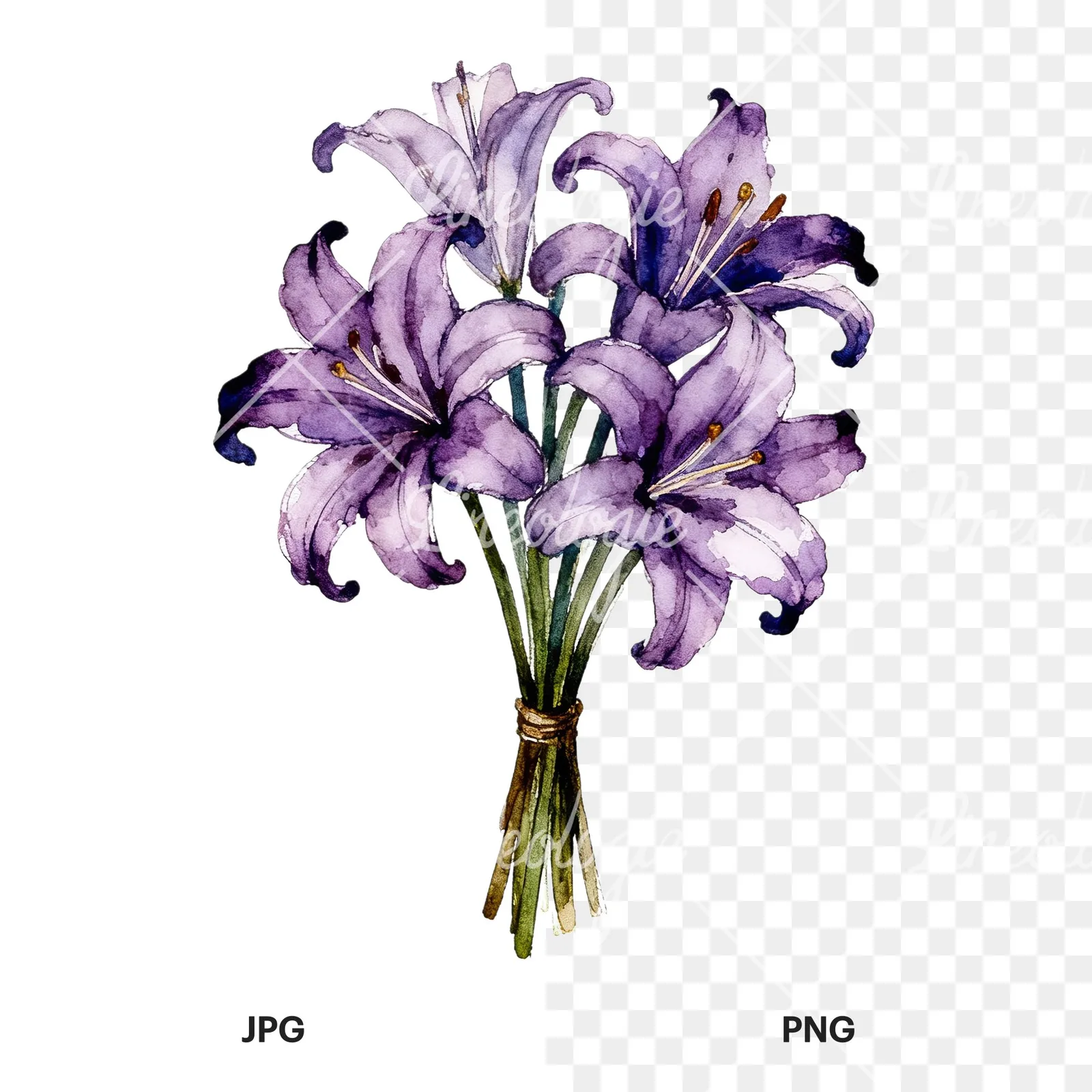 Watercolor white purple lily bouquet clipart 8 of 9, as a JPG on white and a transparent PNG