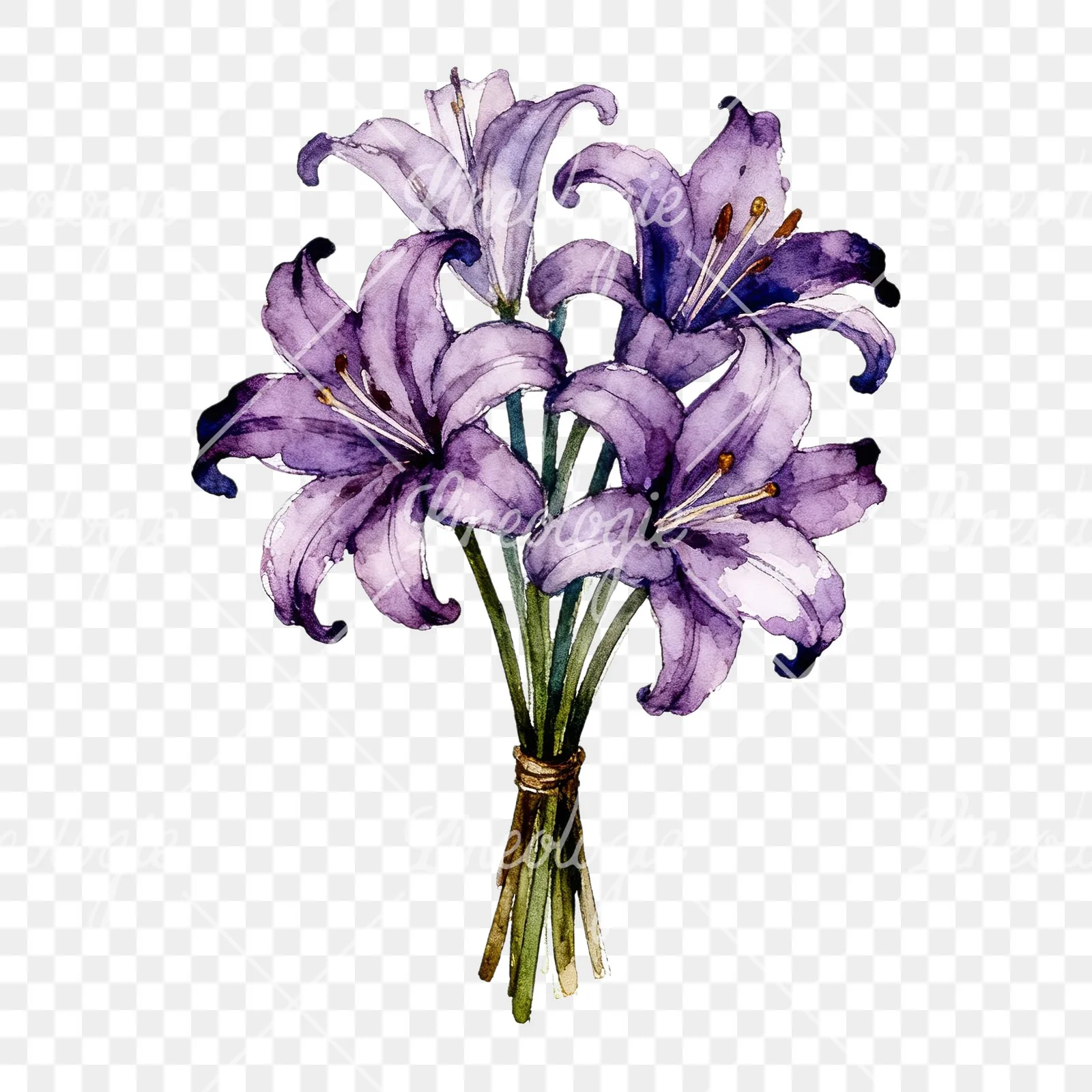 Watercolor white purple lily bouquet clipart 8 of 9 on a transparent background (PNG)