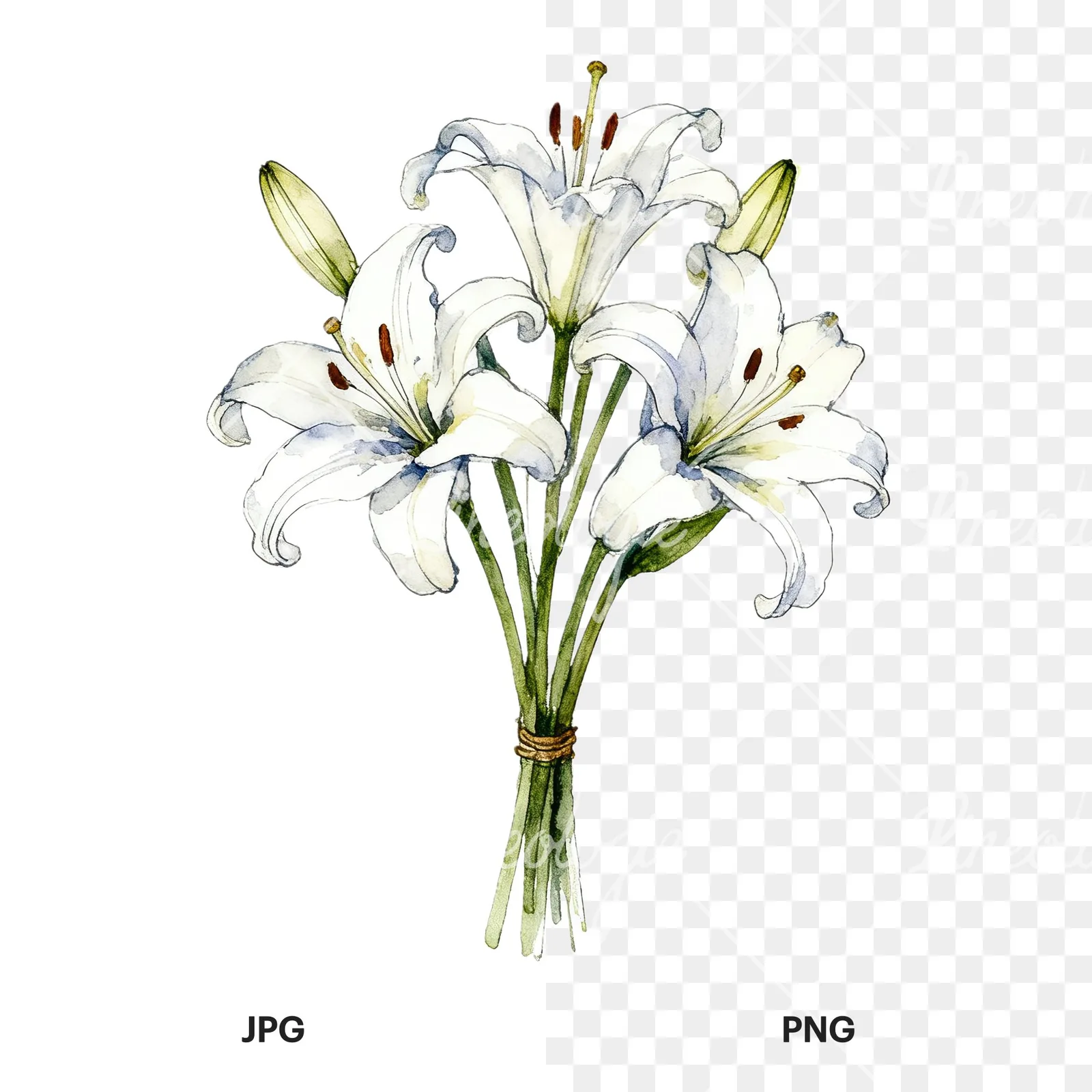 Watercolor white purple lily bouquet clipart 9 of 9, as a JPG on white and a transparent PNG