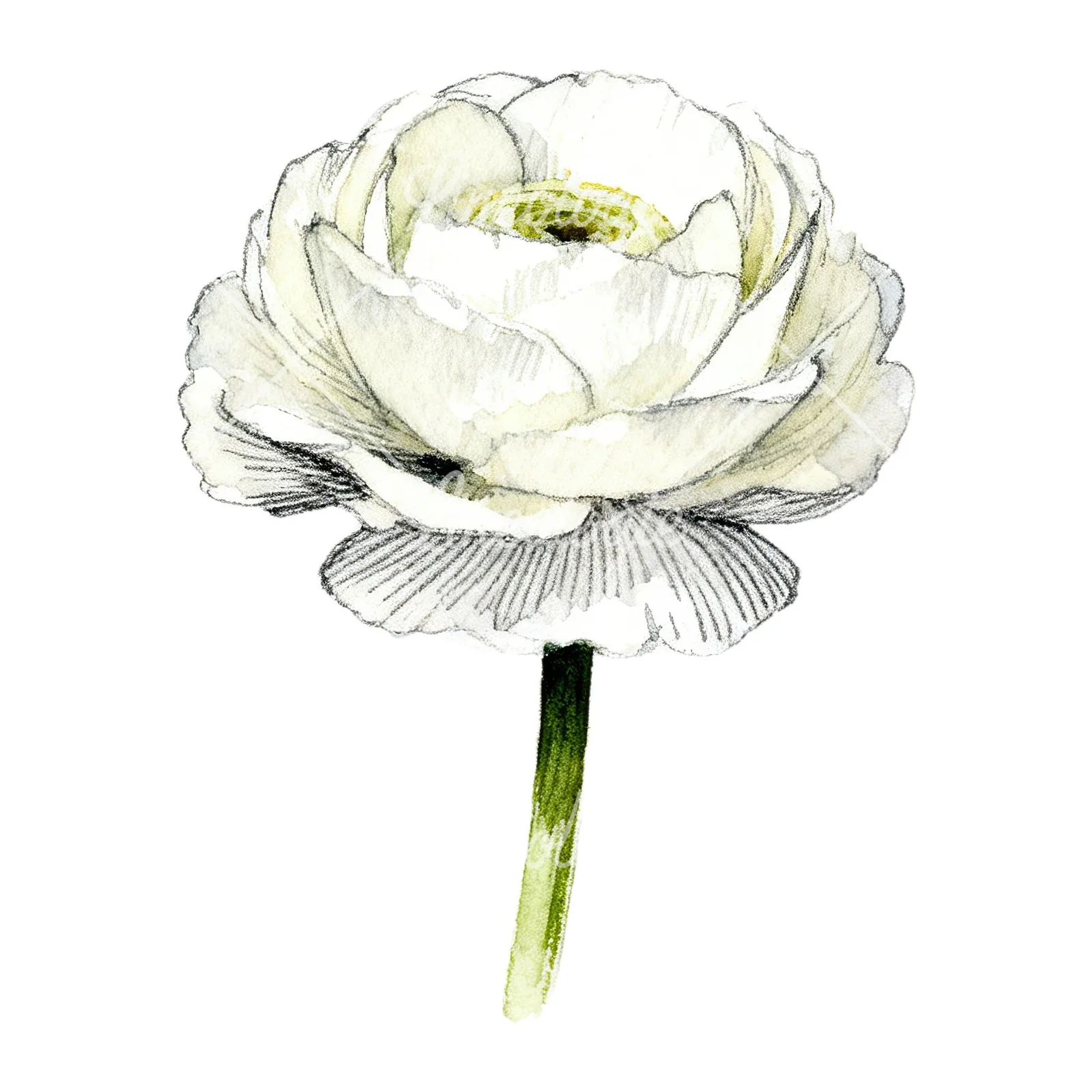 Watercolor white ranunculus pencil sketch clipart 1 of 9 on a white background (JPG)
