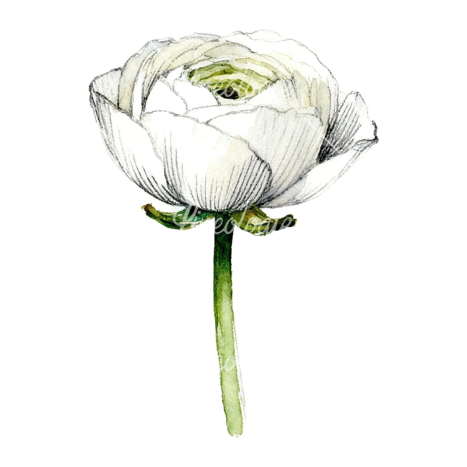 Watercolor white ranunculus pencil sketch clipart 2 of 9 on a white background (JPG)