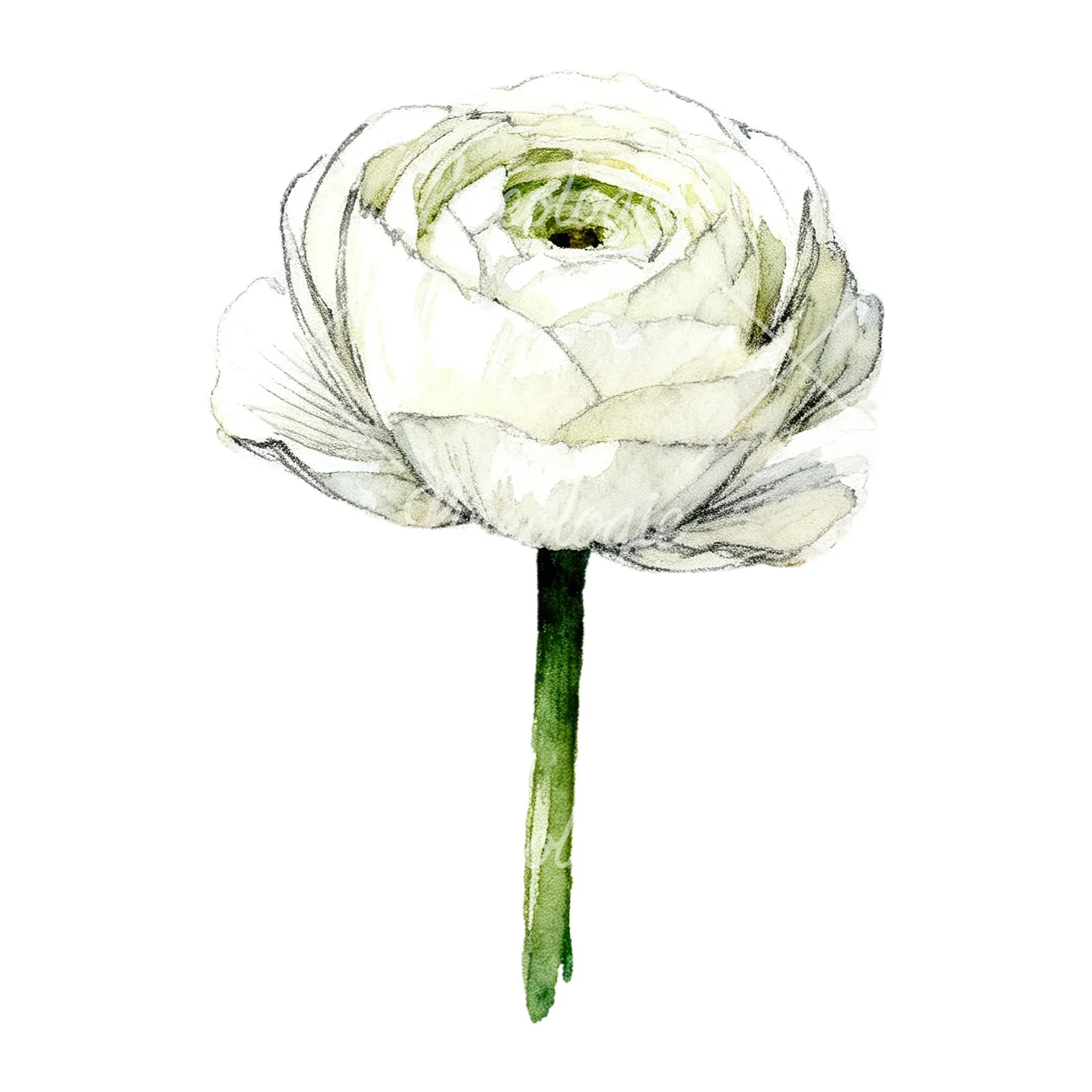 Watercolor white ranunculus pencil sketch clipart 3 of 9 on a white background (JPG)