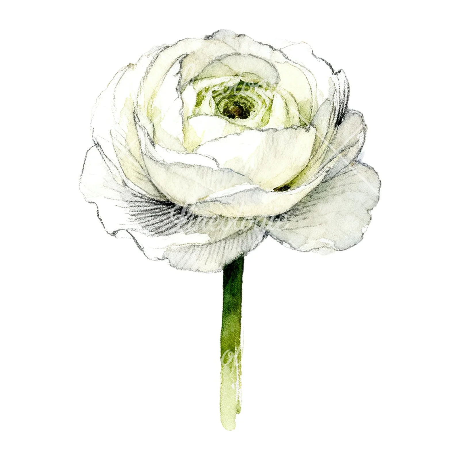 Watercolor white ranunculus pencil sketch clipart 4 of 9 on a white background (JPG)