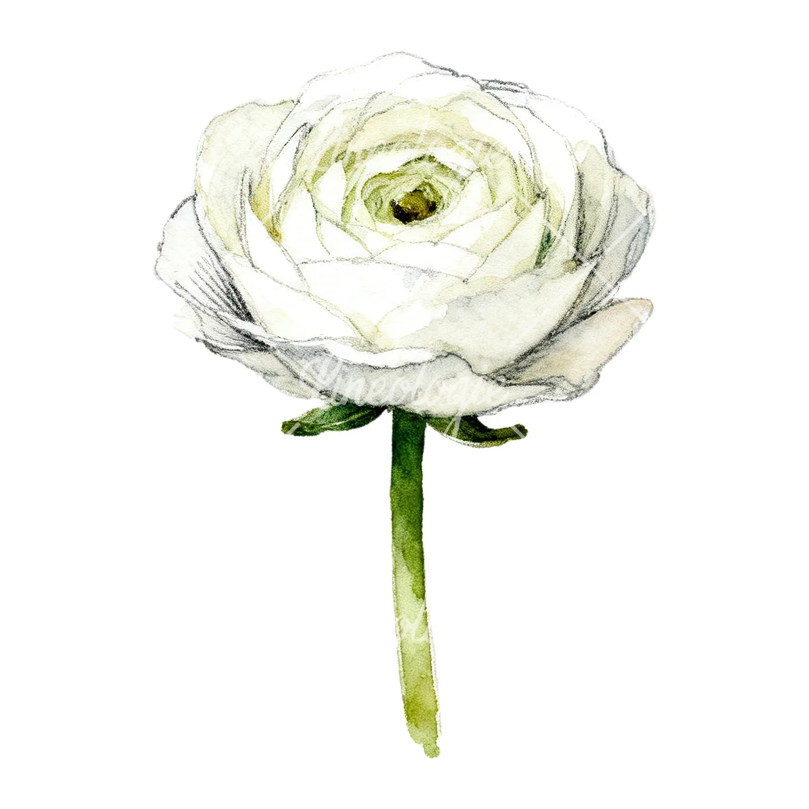 Watercolor white ranunculus pencil sketch clipart 5 of 9 on a white background (JPG)