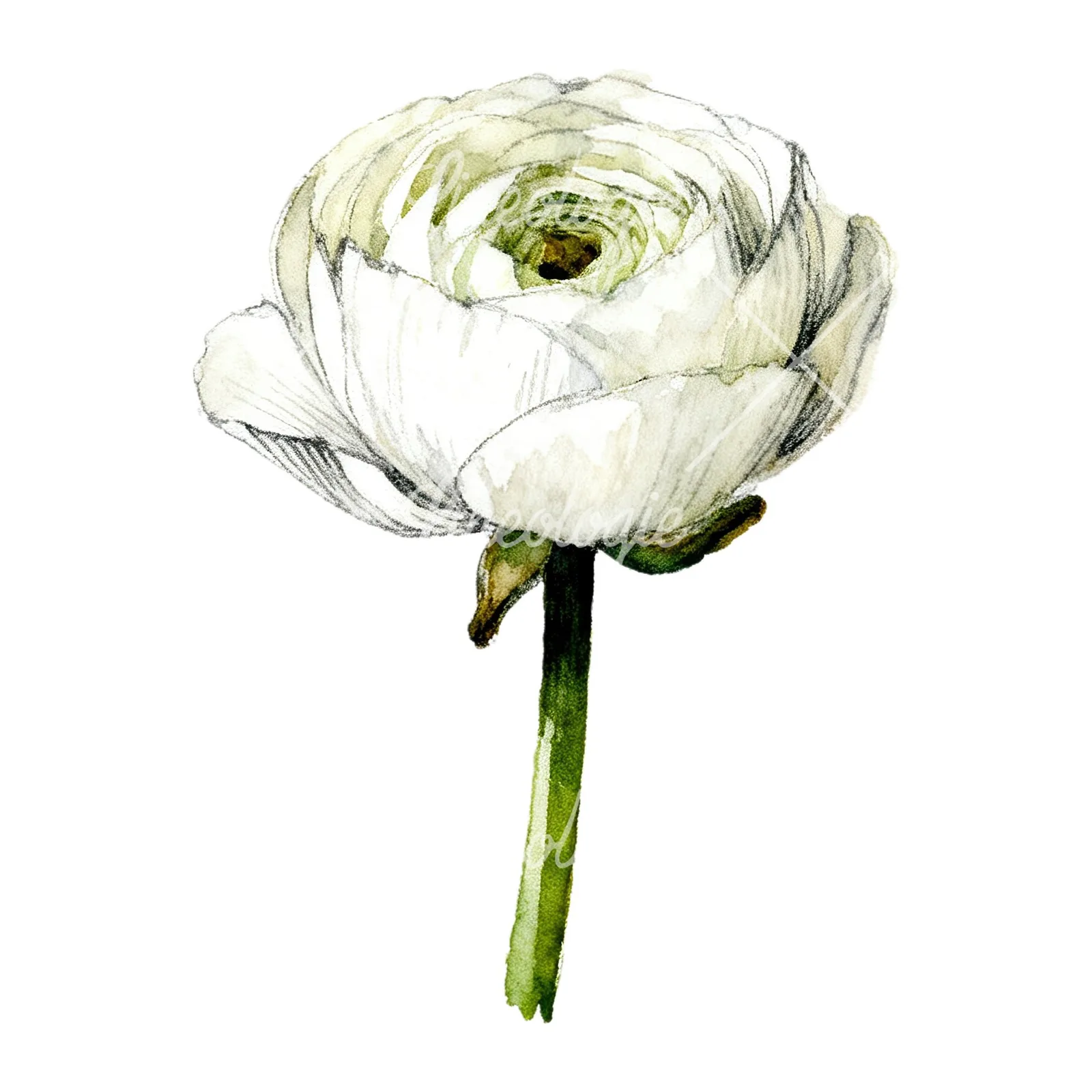 Watercolor white ranunculus pencil sketch clipart 6 of 9 on a white background (JPG)