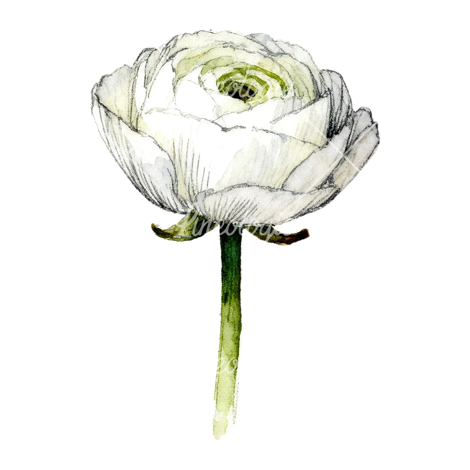 Watercolor white ranunculus pencil sketch clipart 7 of 9 on a white background (JPG)