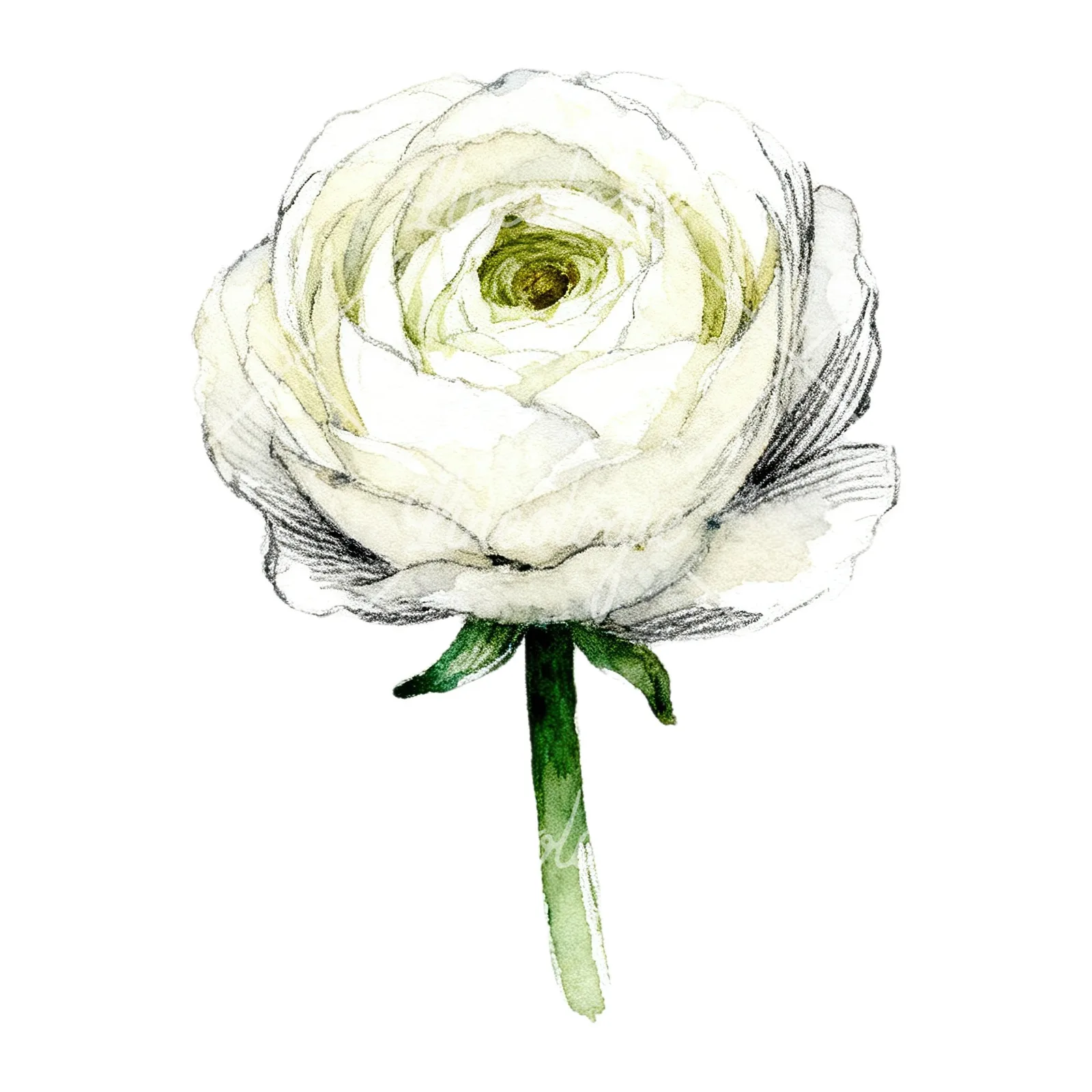Watercolor white ranunculus pencil sketch clipart 8 of 9 on a white background (JPG)