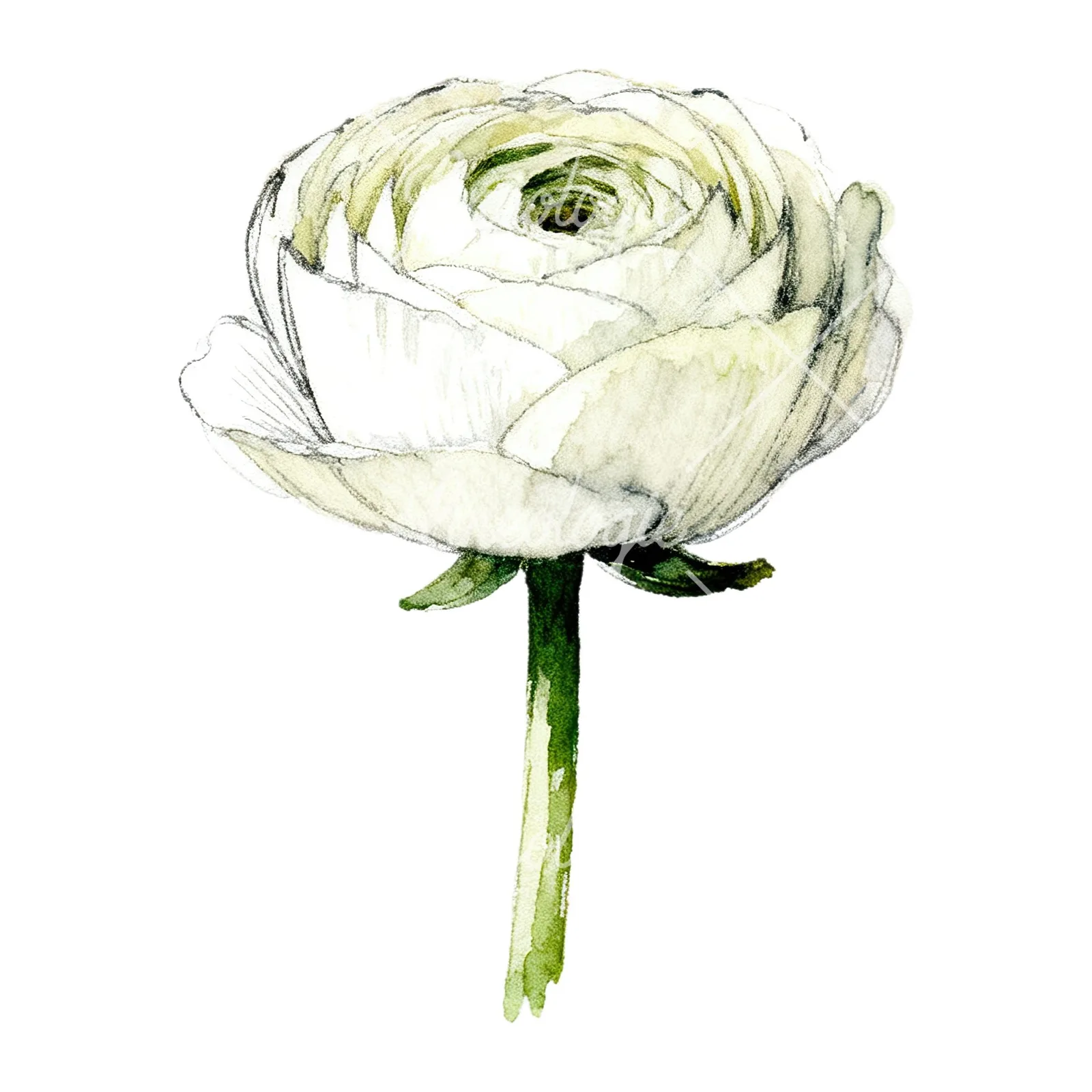 Watercolor white ranunculus pencil sketch clipart 9 of 9 on a white background (JPG)