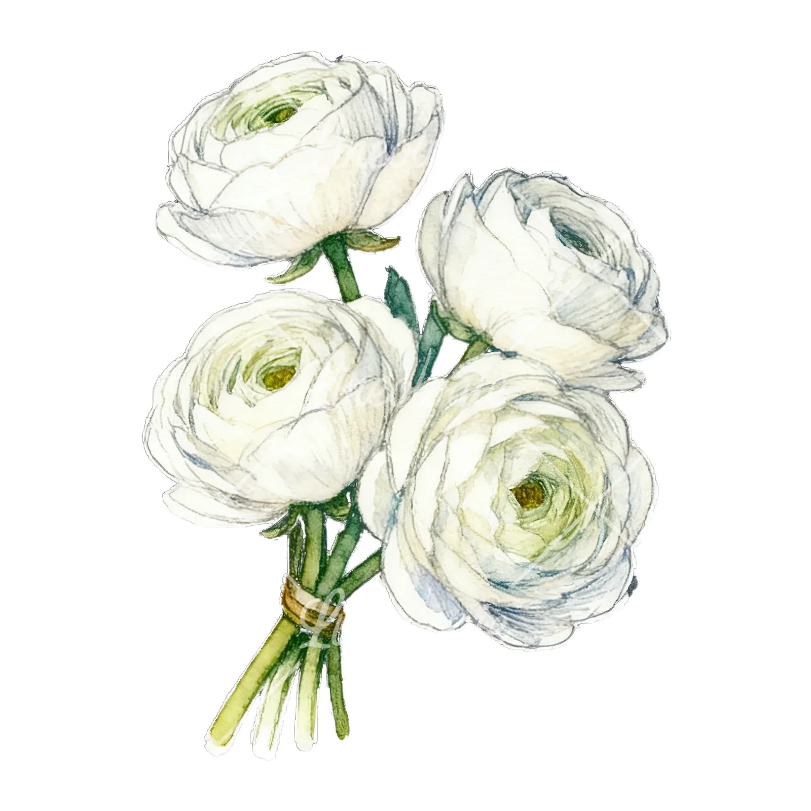 Watercolor white ranunculus bouquet with pale pink clipart 1 of 9 on a white background (JPG)