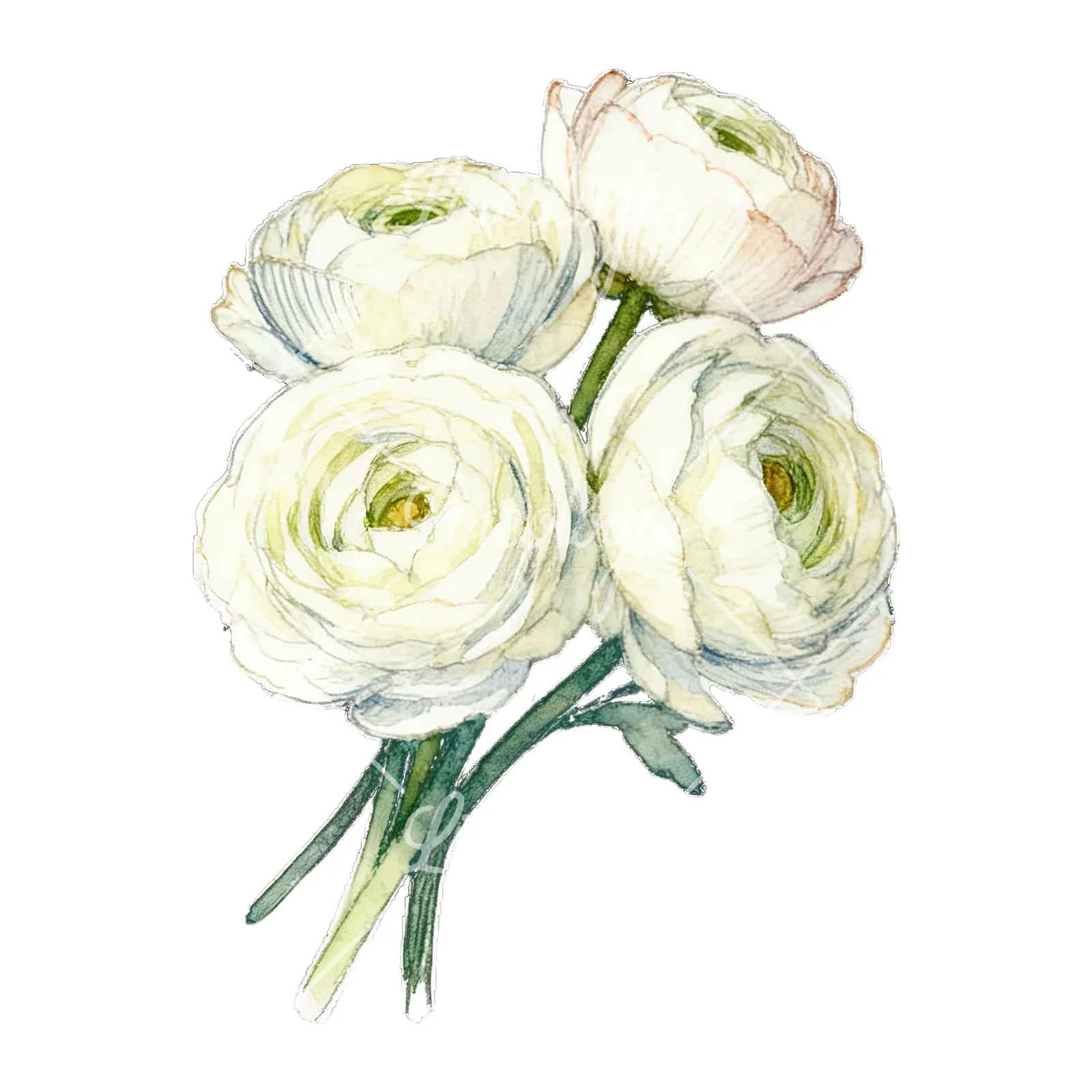 Watercolor white ranunculus bouquet with pale pink clipart 2 of 9 on a white background (JPG)