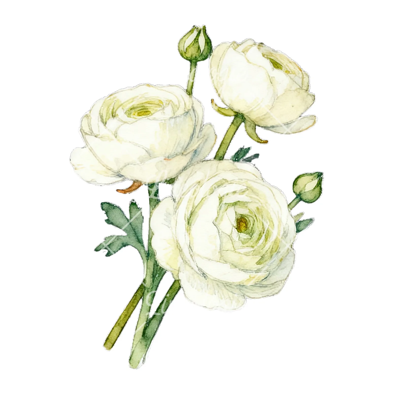 Watercolor white ranunculus bouquet with pale pink clipart 3 of 9 on a white background (JPG)