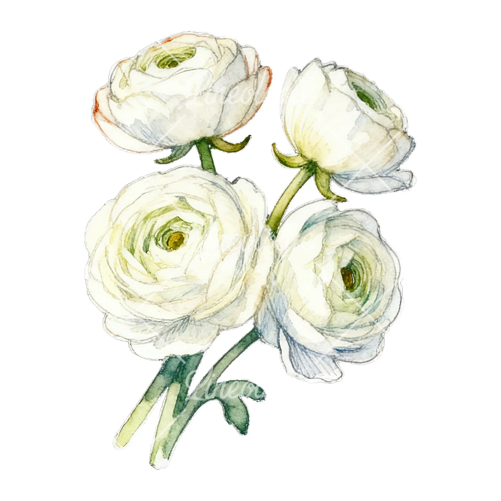 Watercolor white ranunculus bouquet with pale pink clipart 4 of 9 on a white background (JPG)