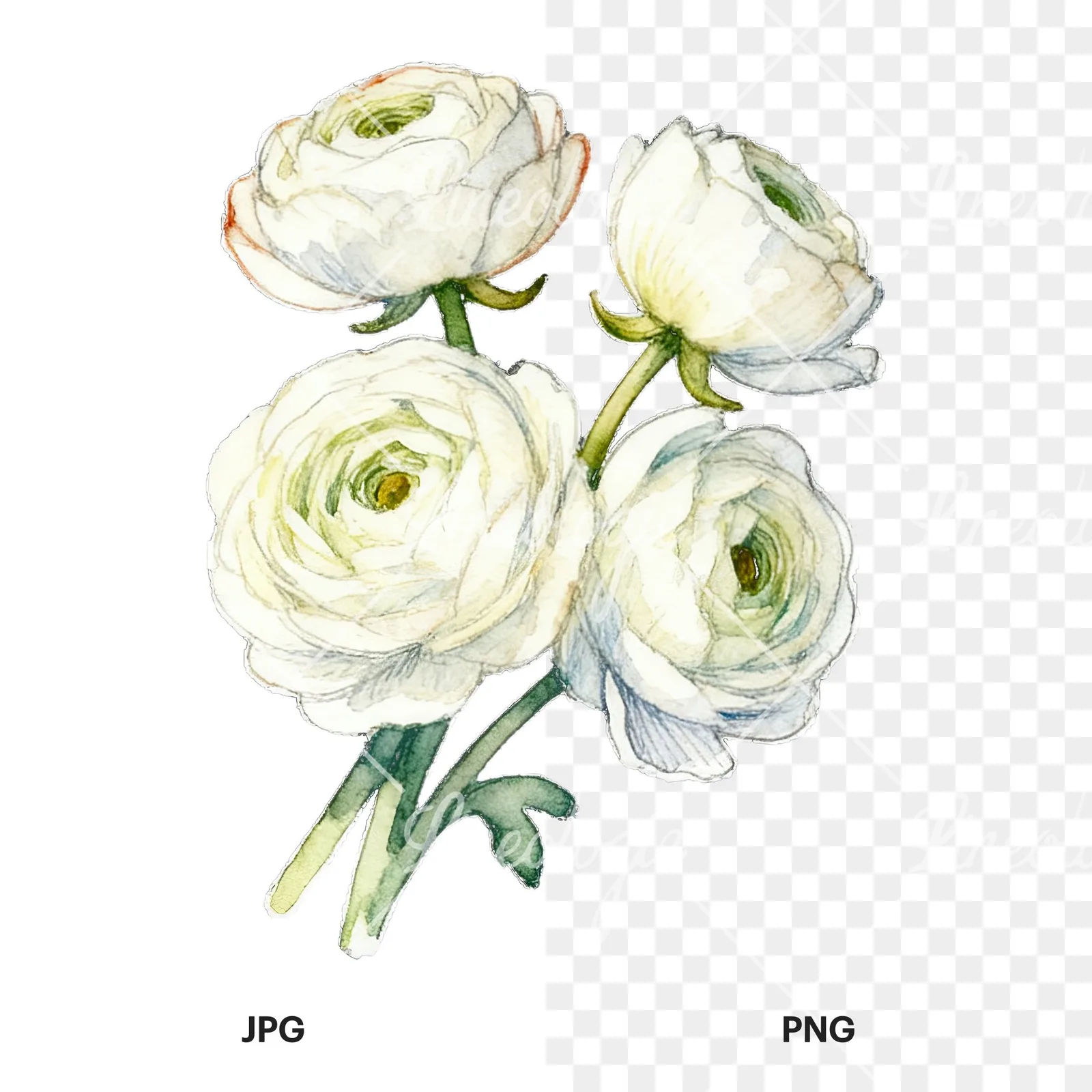 Watercolor white ranunculus bouquet with pale pink clipart 4 of 9, as a JPG on white and a transparent PNG