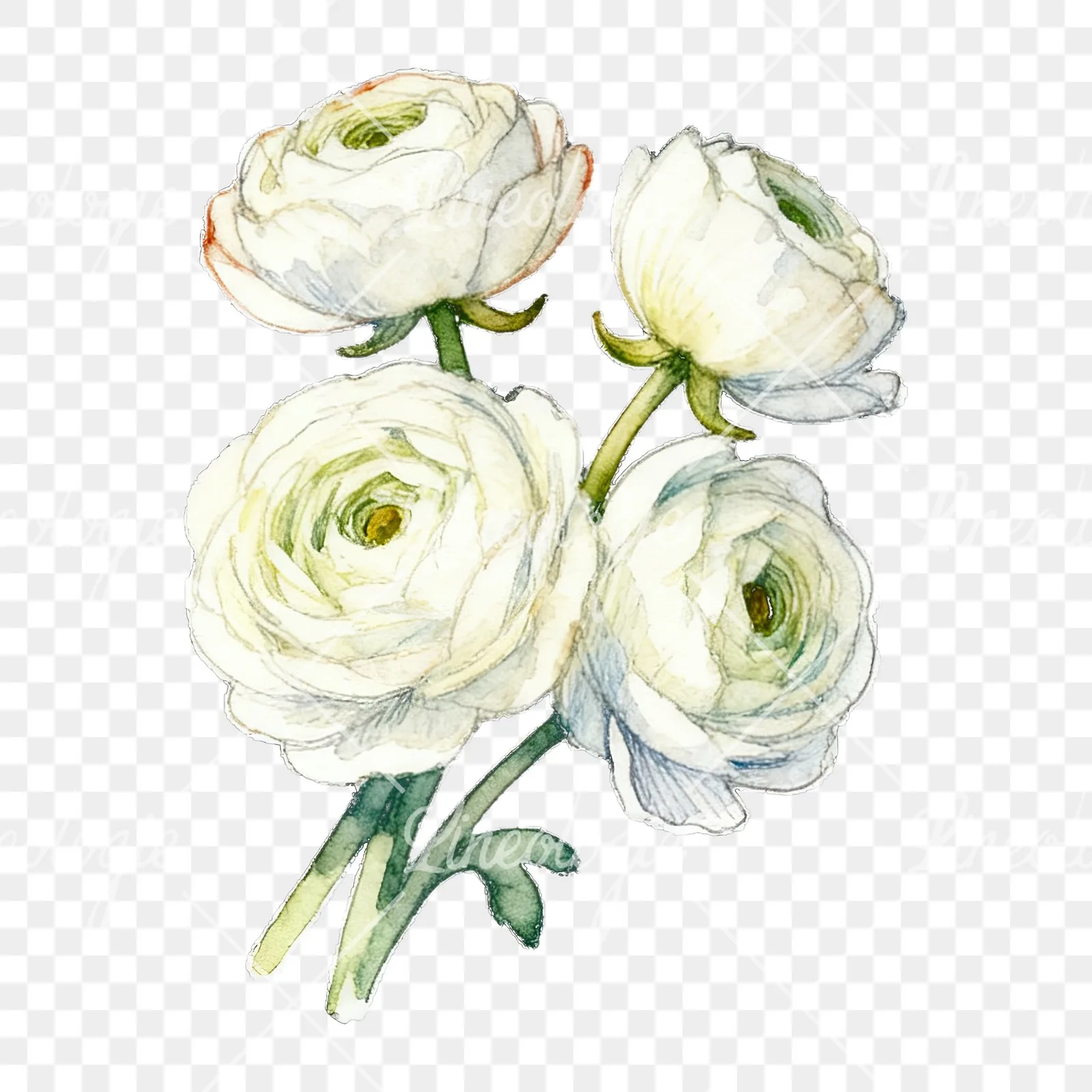 Watercolor white ranunculus bouquet with pale pink clipart 4 of 9 on a transparent background (PNG)