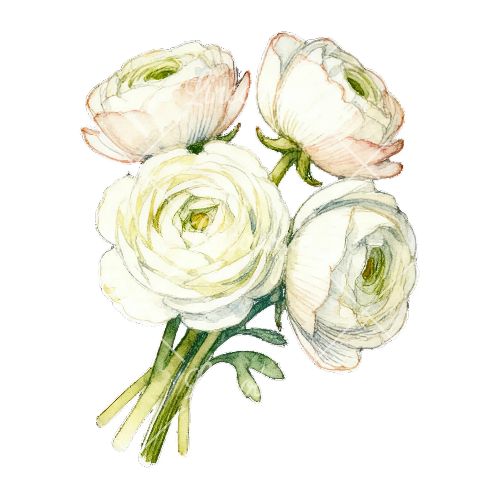 Watercolor white ranunculus bouquet with pale pink clipart 5 of 9 on a white background (JPG)