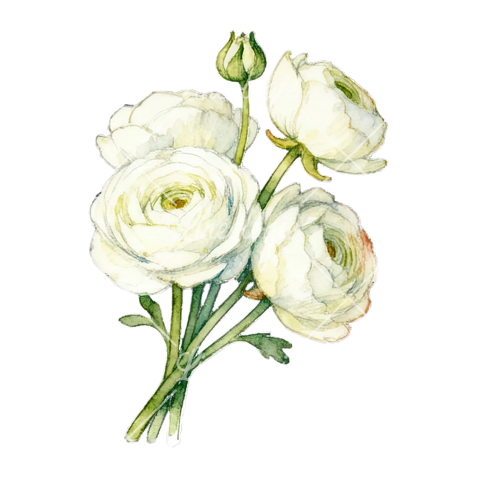 Watercolor white ranunculus bouquet with pale pink clipart 6 of 9 on a white background (JPG)