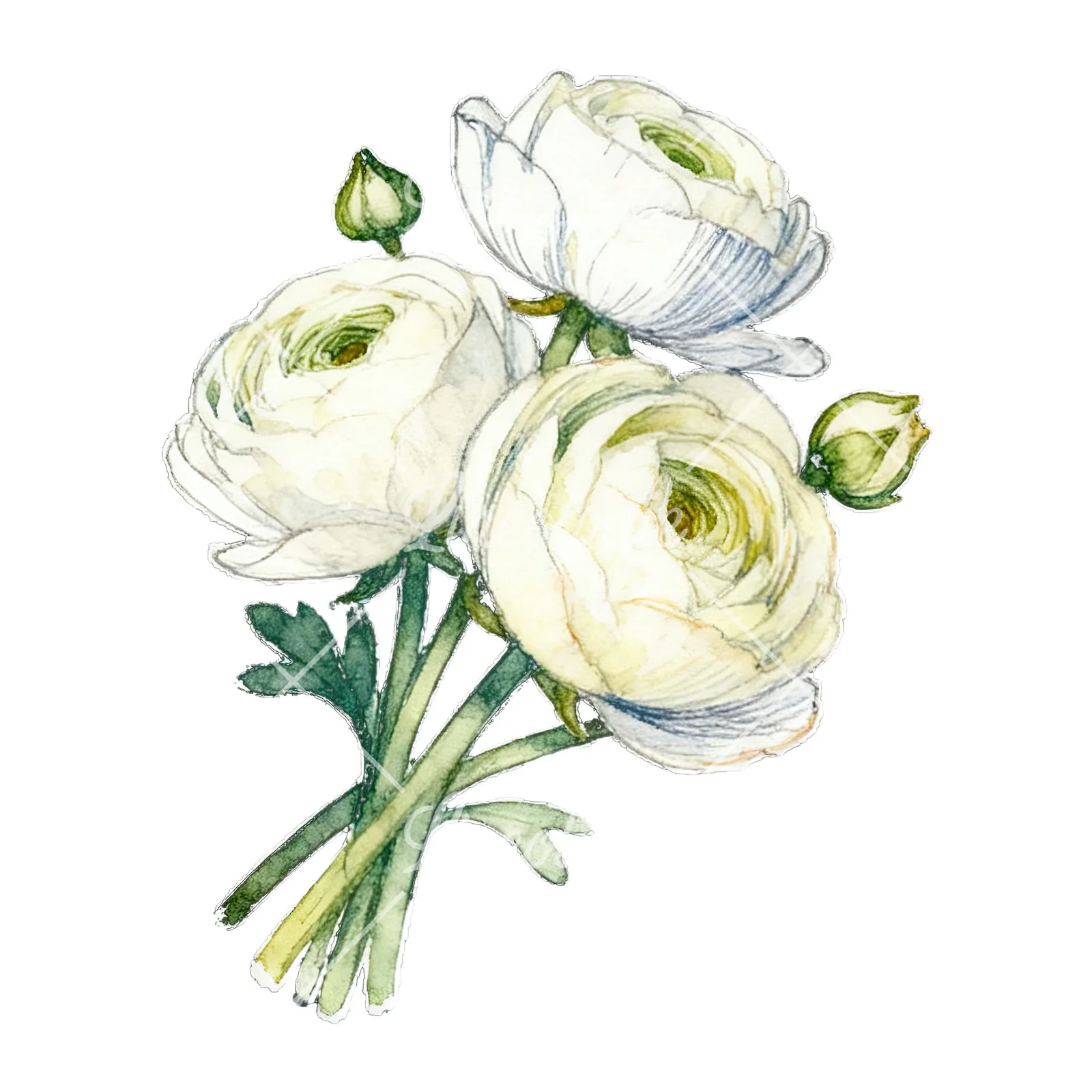 Watercolor white ranunculus bouquet with pale pink clipart 7 of 9 on a white background (JPG)