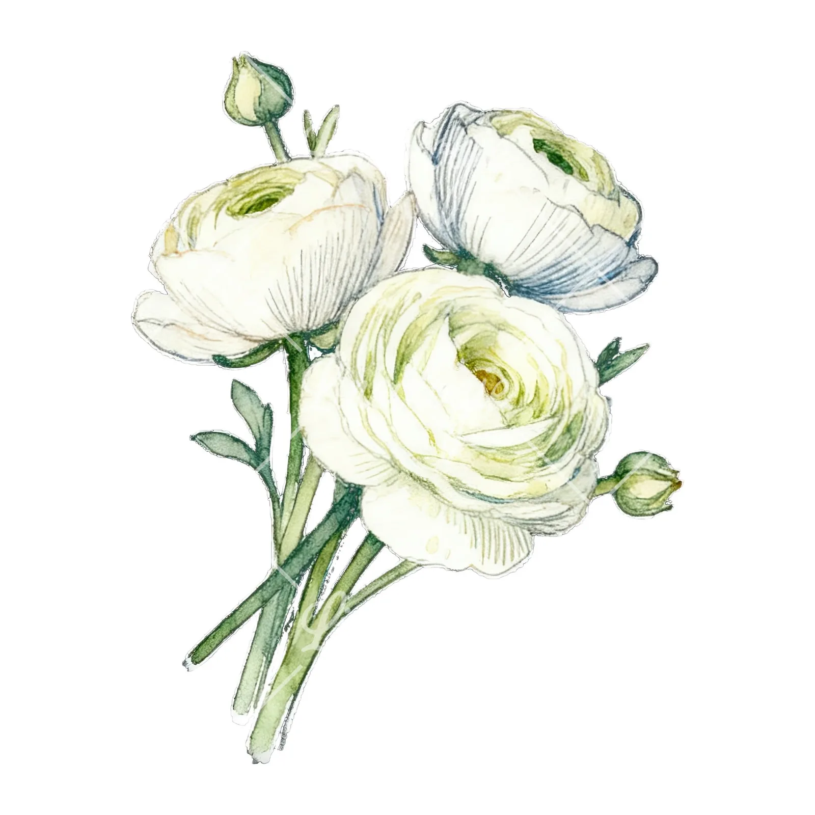 Watercolor white ranunculus bouquet with pale pink clipart 8 of 9 on a white background (JPG)