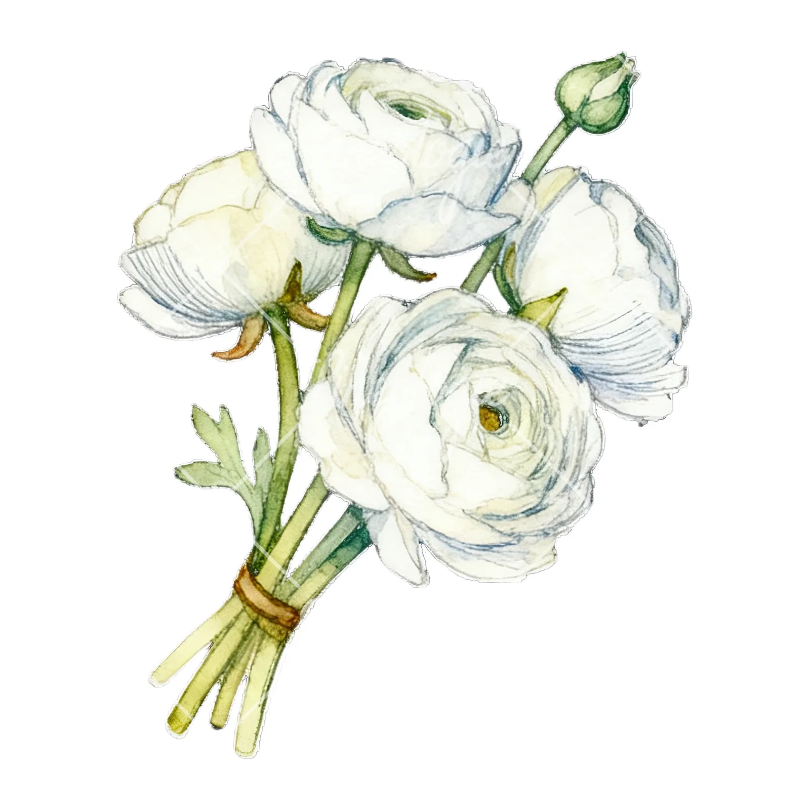 Watercolor white ranunculus bouquet with pale pink clipart 9 of 9 on a white background (JPG)