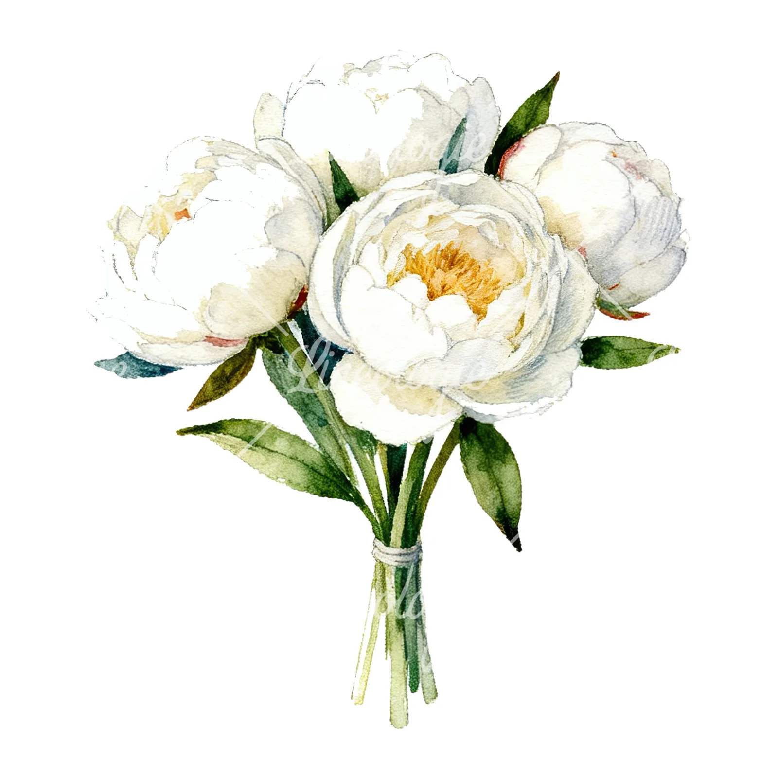 Watercolor white peony bouquet with green leaves clipart 1 of 9 on a white background (JPG)
