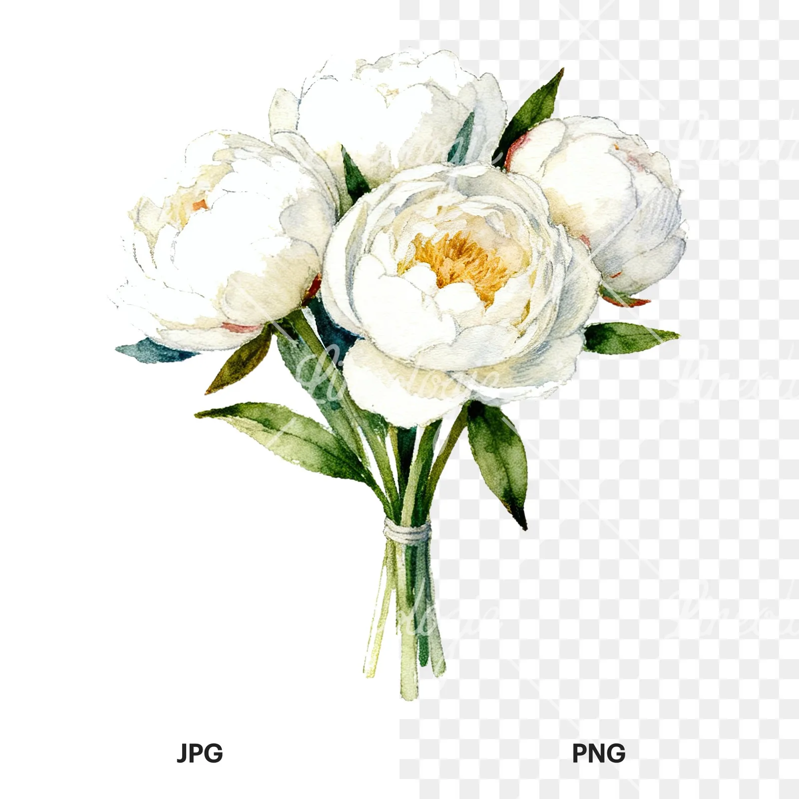 Watercolor white peony bouquet with green leaves clipart 1 of 9, as a JPG on white and a transparent PNG